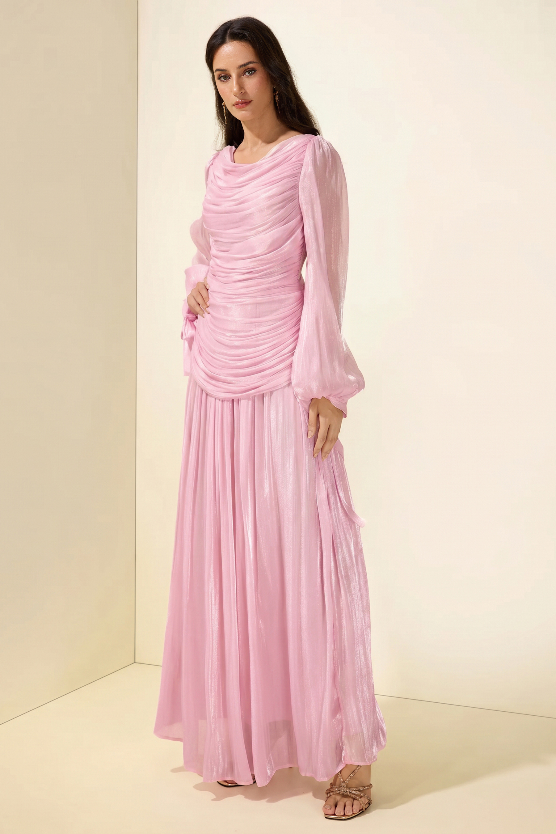 Boat Neck Long Sleeve Gathering Bodycon Maxi Dress