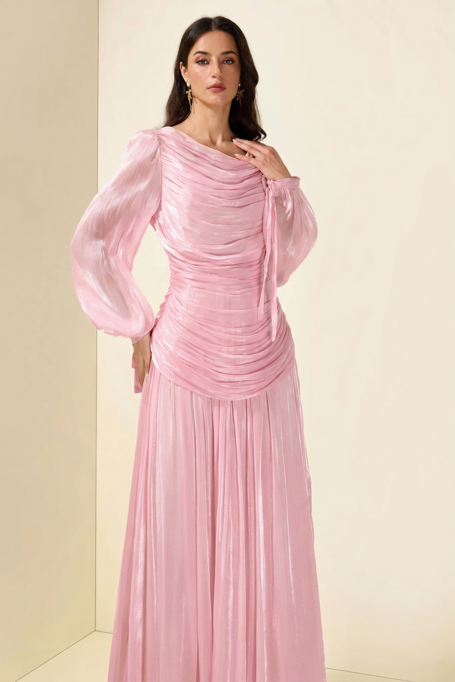 Boat Neck Long Sleeve Gathering Bodycon Maxi Dress