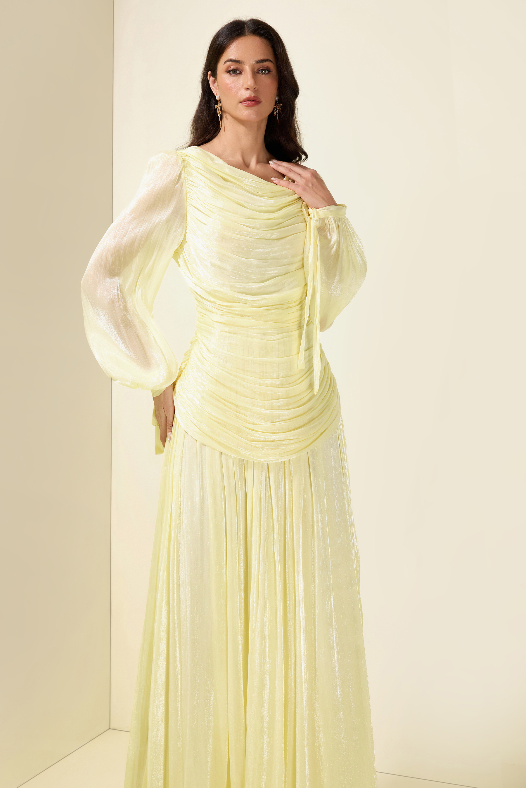 Boat Neck Long Sleeve Gathering Bodycon Maxi Dress