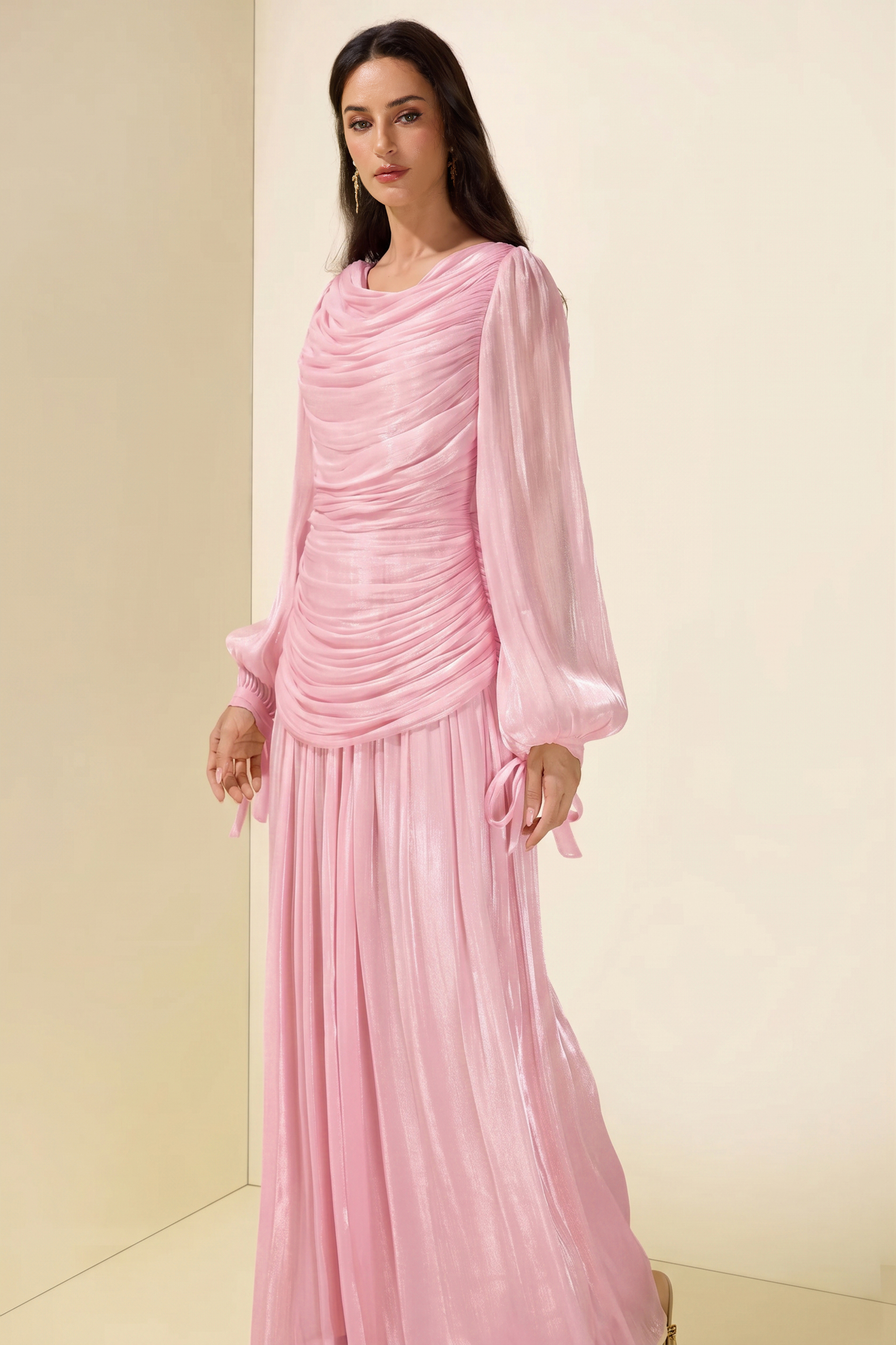 Boat Neck Long Sleeve Gathering Bodycon Maxi Dress