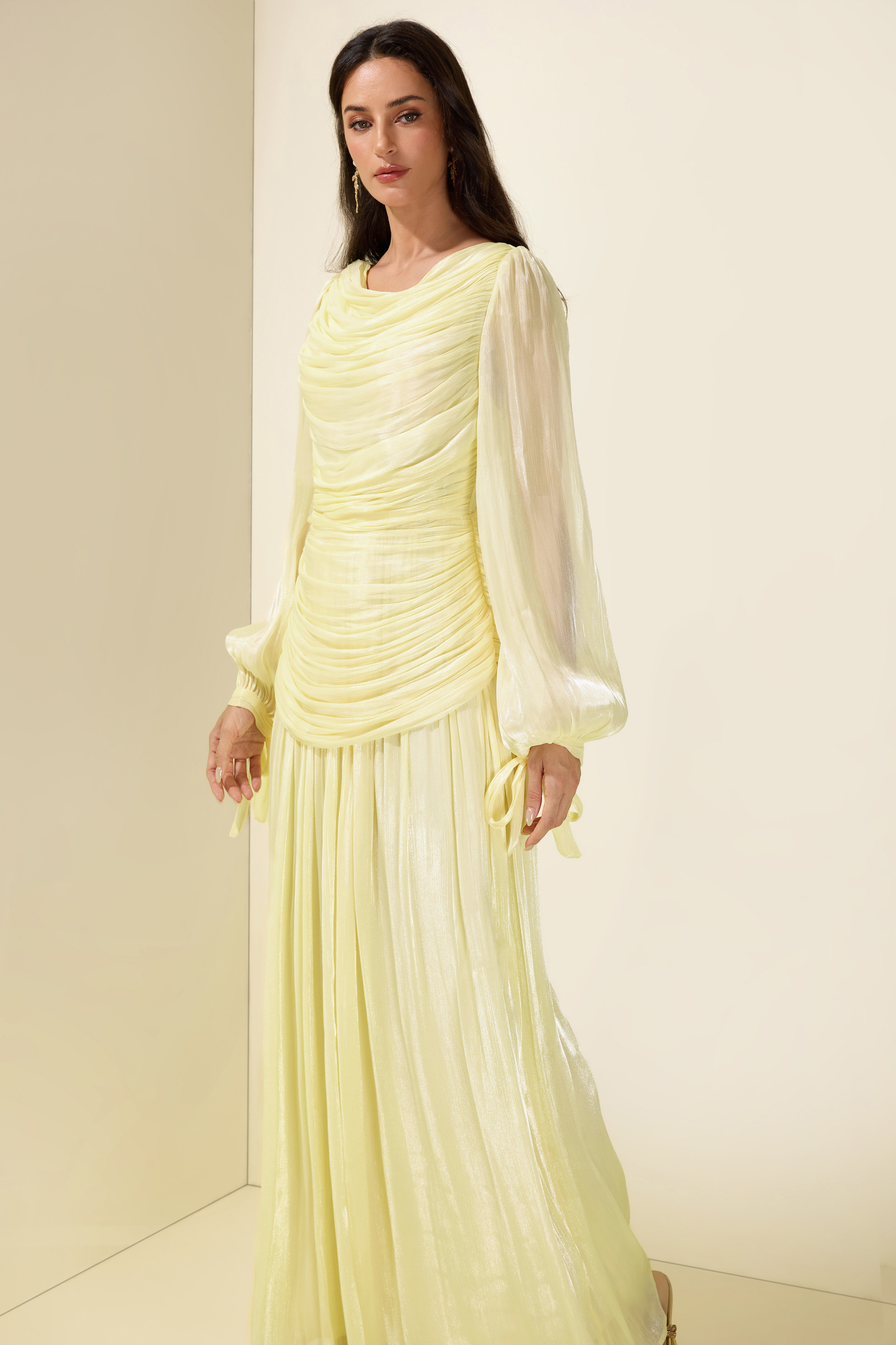 Boat Neck Long Sleeve Gathering Bodycon Maxi Dress