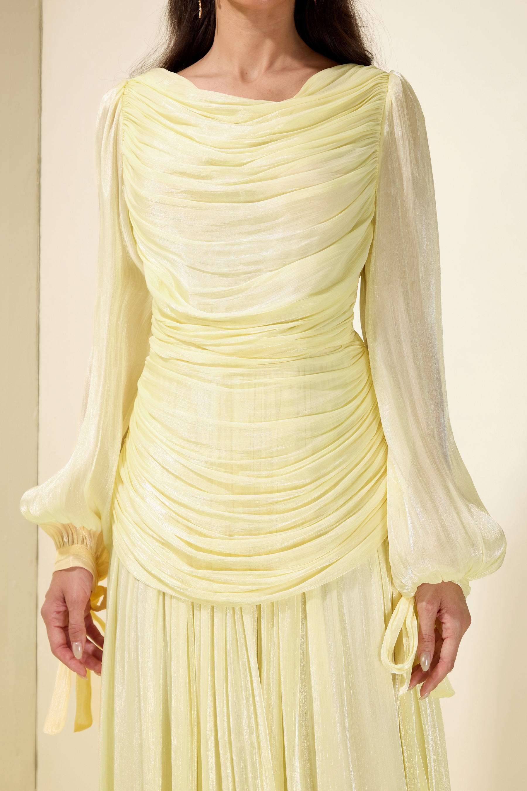 Boat Neck Long Sleeve Gathering Bodycon Maxi Dress