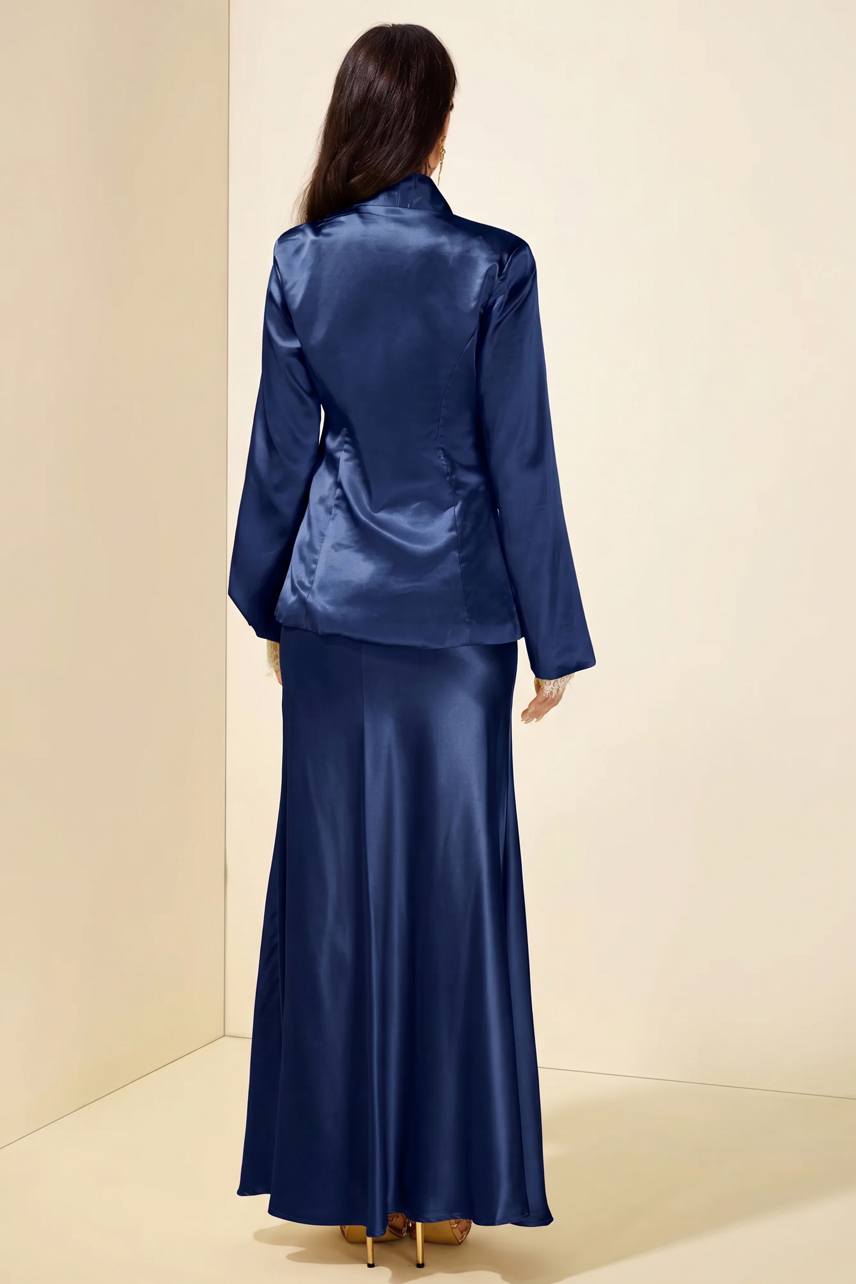 Satin Bodycon Lace gloves Long Sleeve Blazer & Maxi Skirt Set