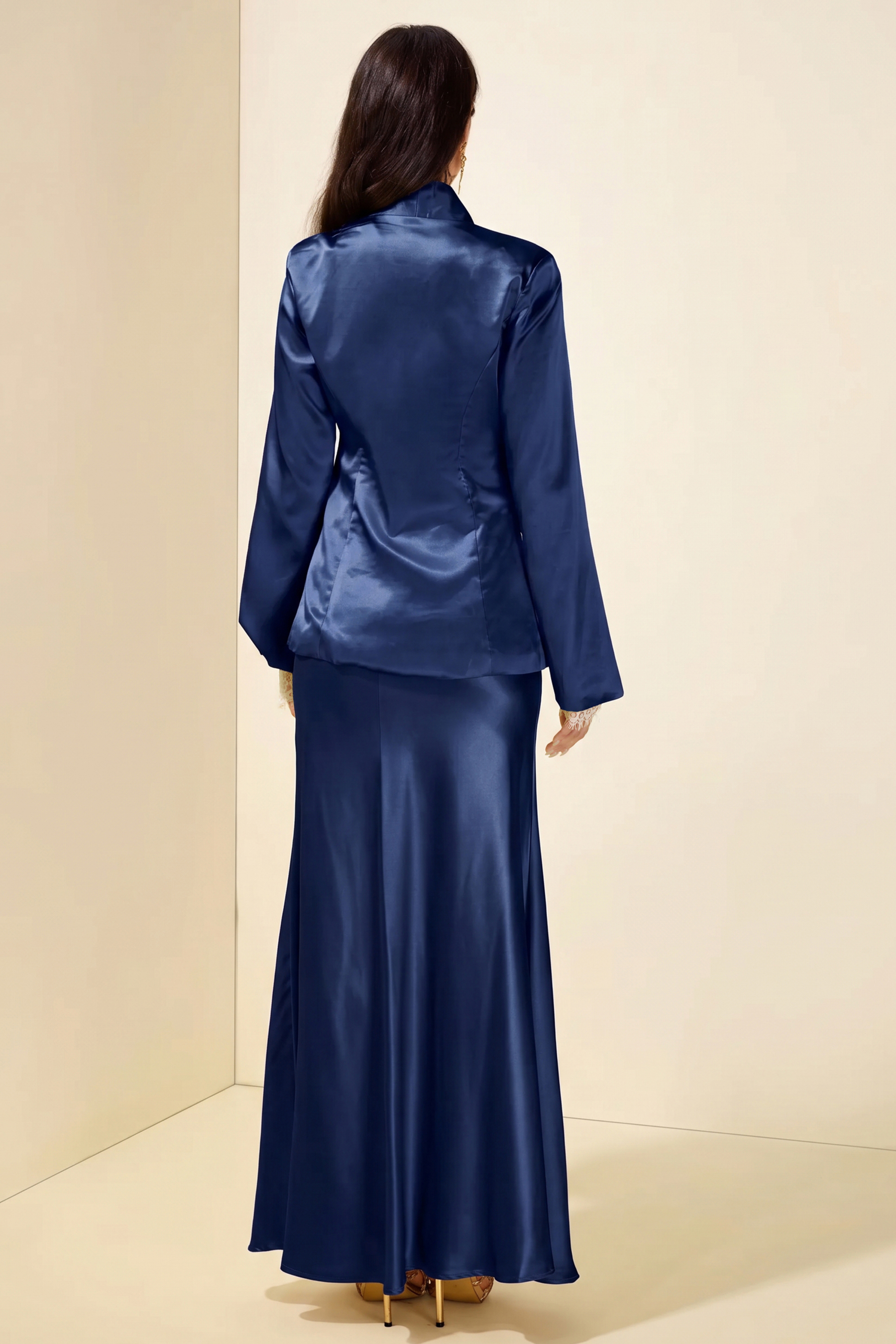 Satin Bodycon Lace gloves Long Sleeve Blazer & Maxi Skirt Set