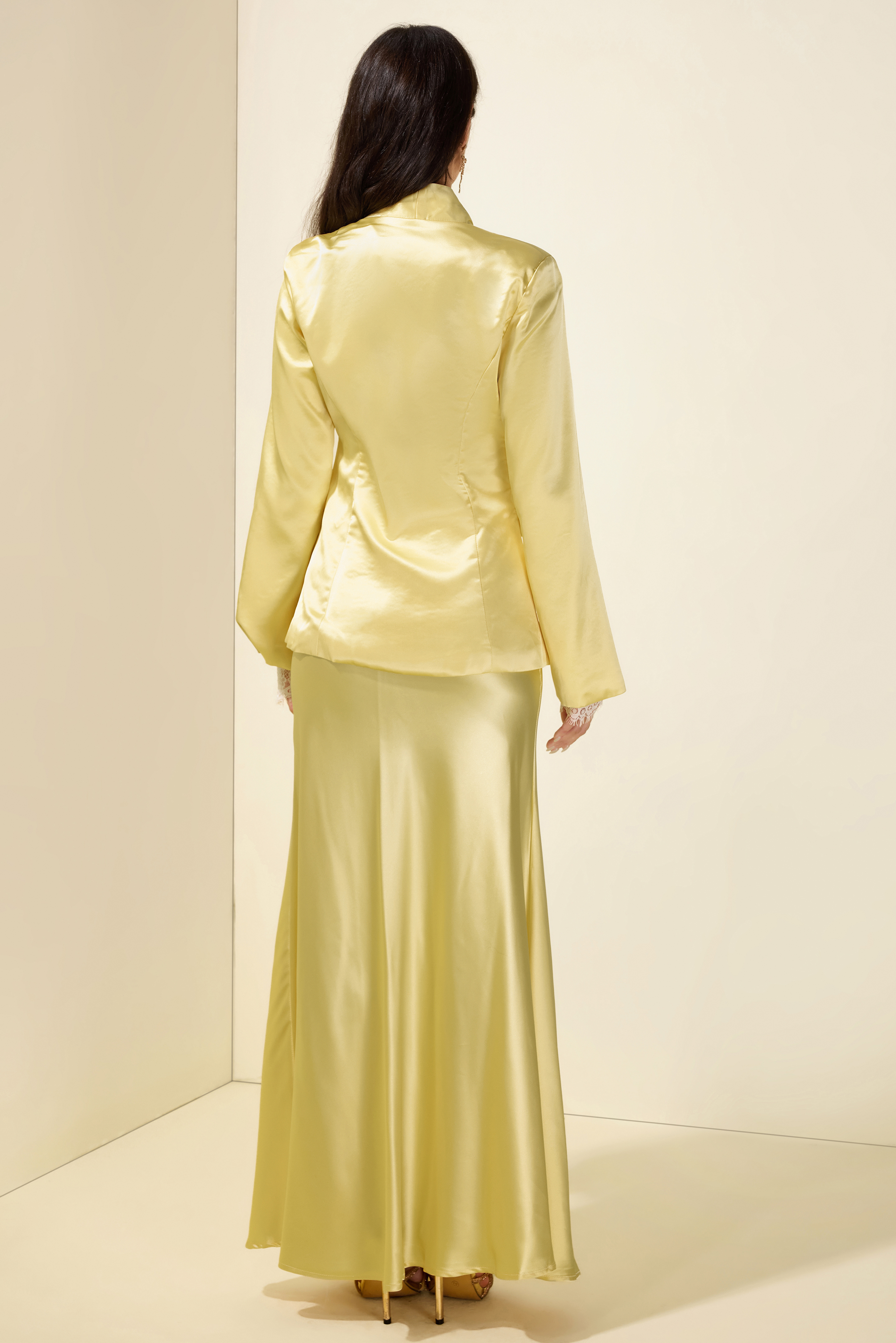 Satin Bodycon Lace gloves Long Sleeve Blazer & Maxi Skirt Set