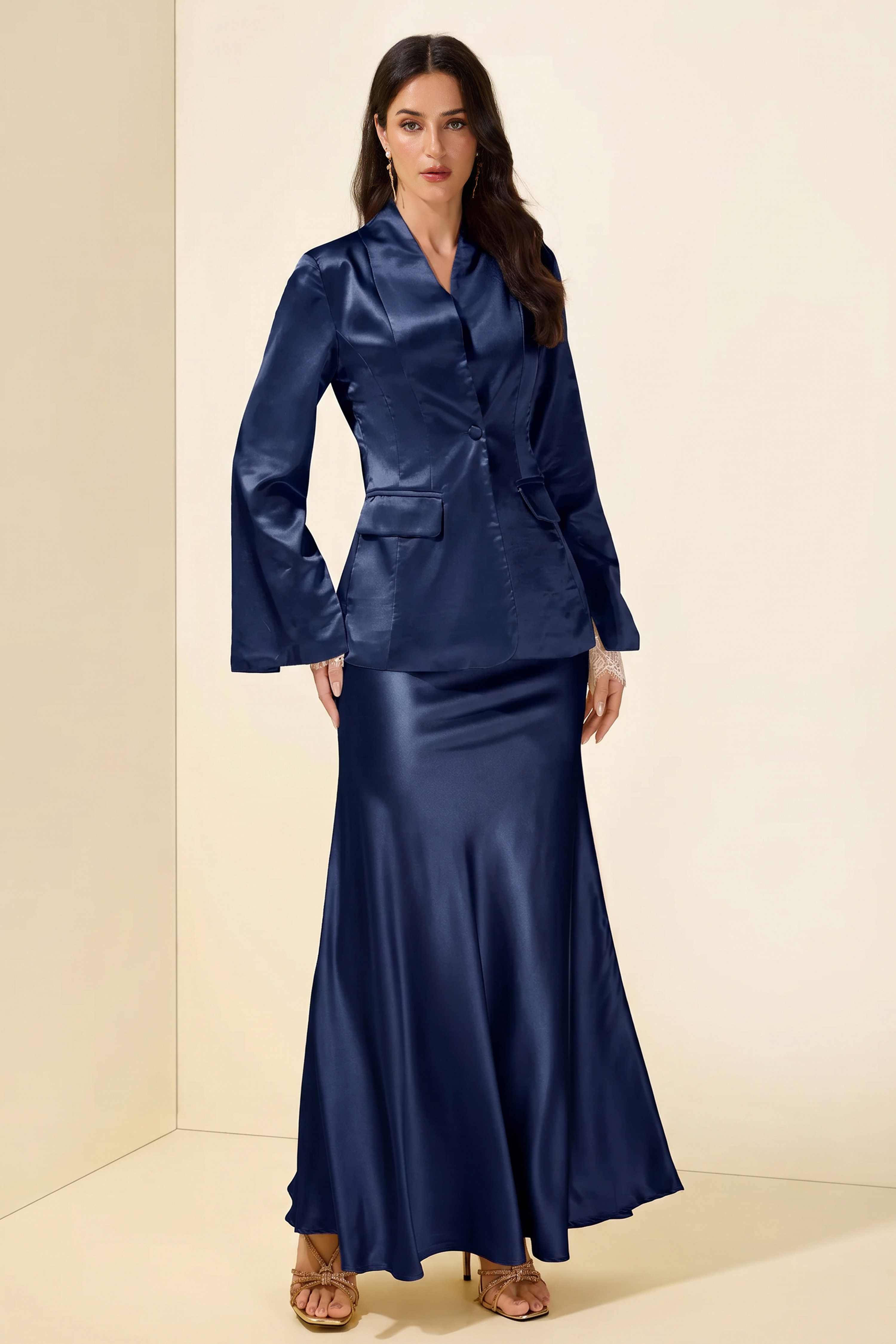 Satin Bodycon Lace gloves Long Sleeve Blazer & Maxi Skirt Set
