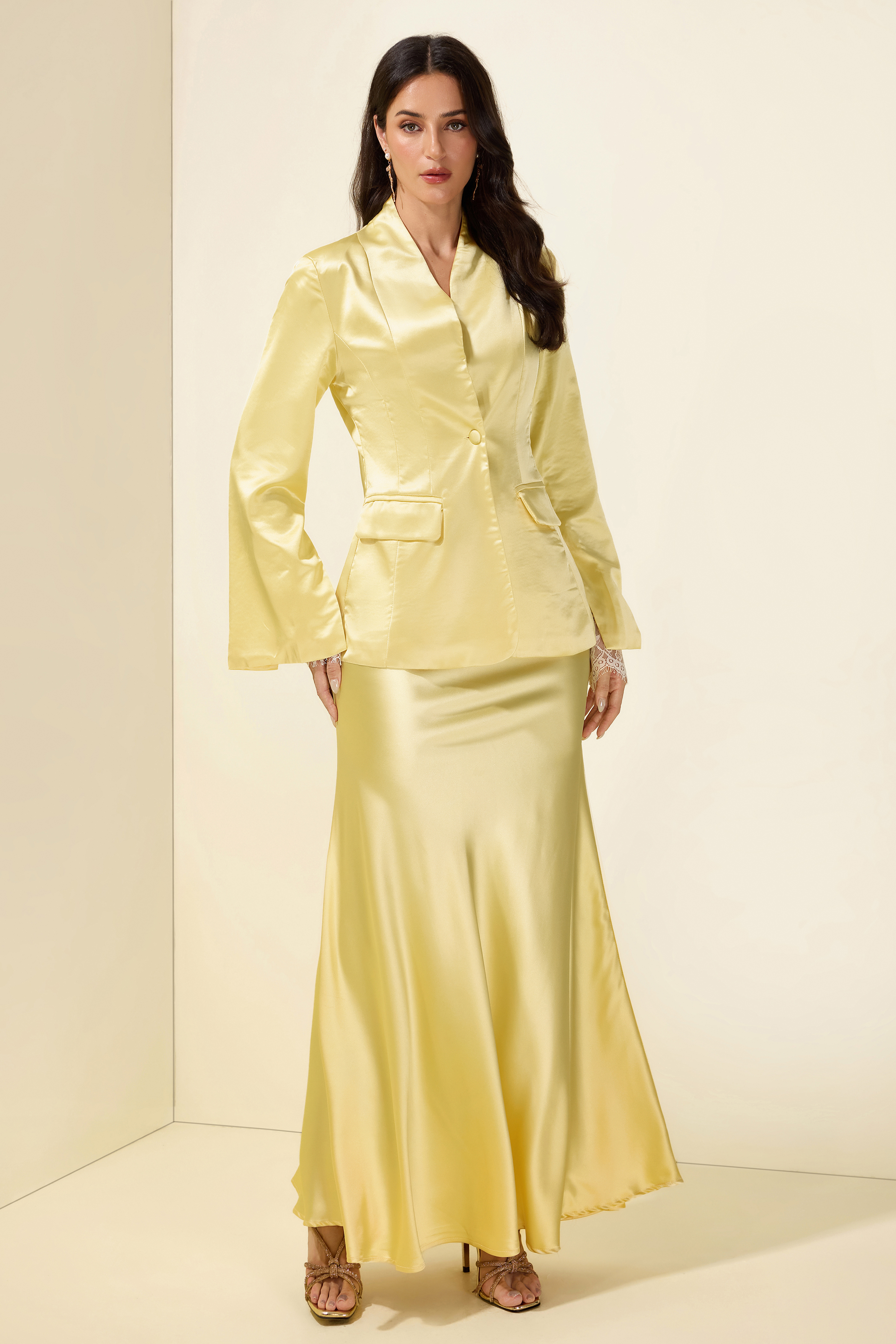 Satin Bodycon Lace gloves Long Sleeve Blazer & Maxi Skirt Set