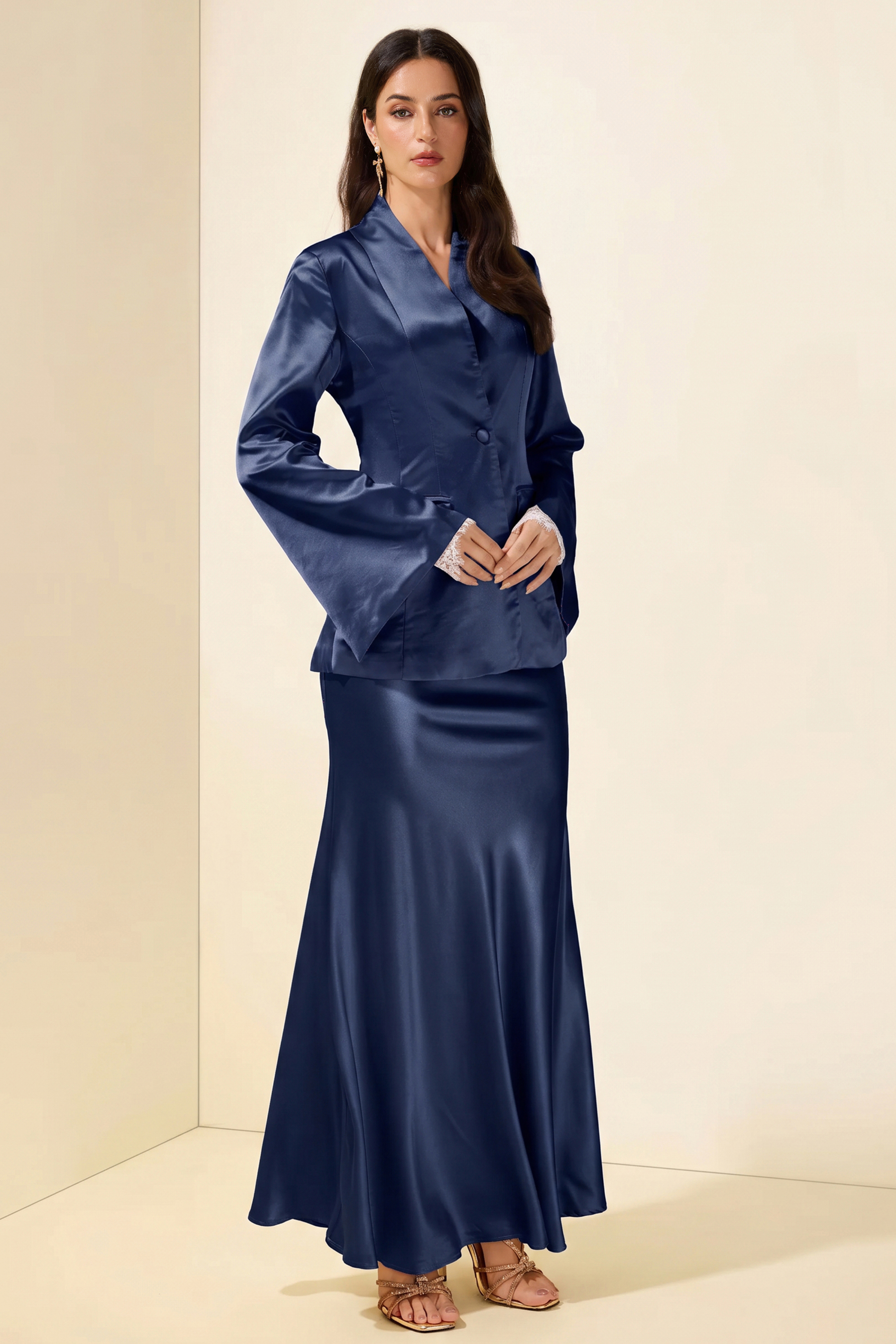 Satin Bodycon Lace gloves Long Sleeve Blazer & Maxi Skirt Set