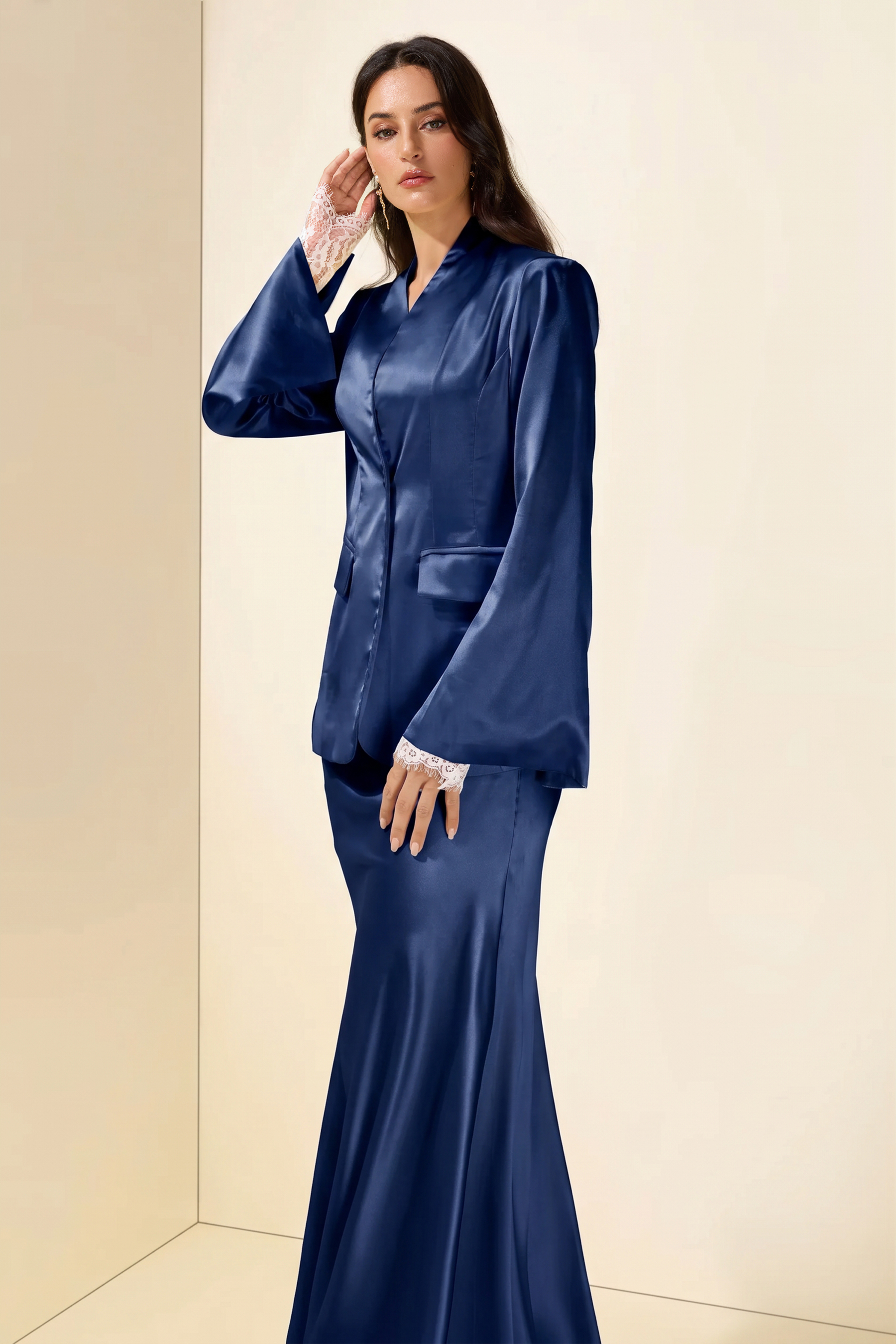 Satin Bodycon Lace gloves Long Sleeve Blazer & Maxi Skirt Set