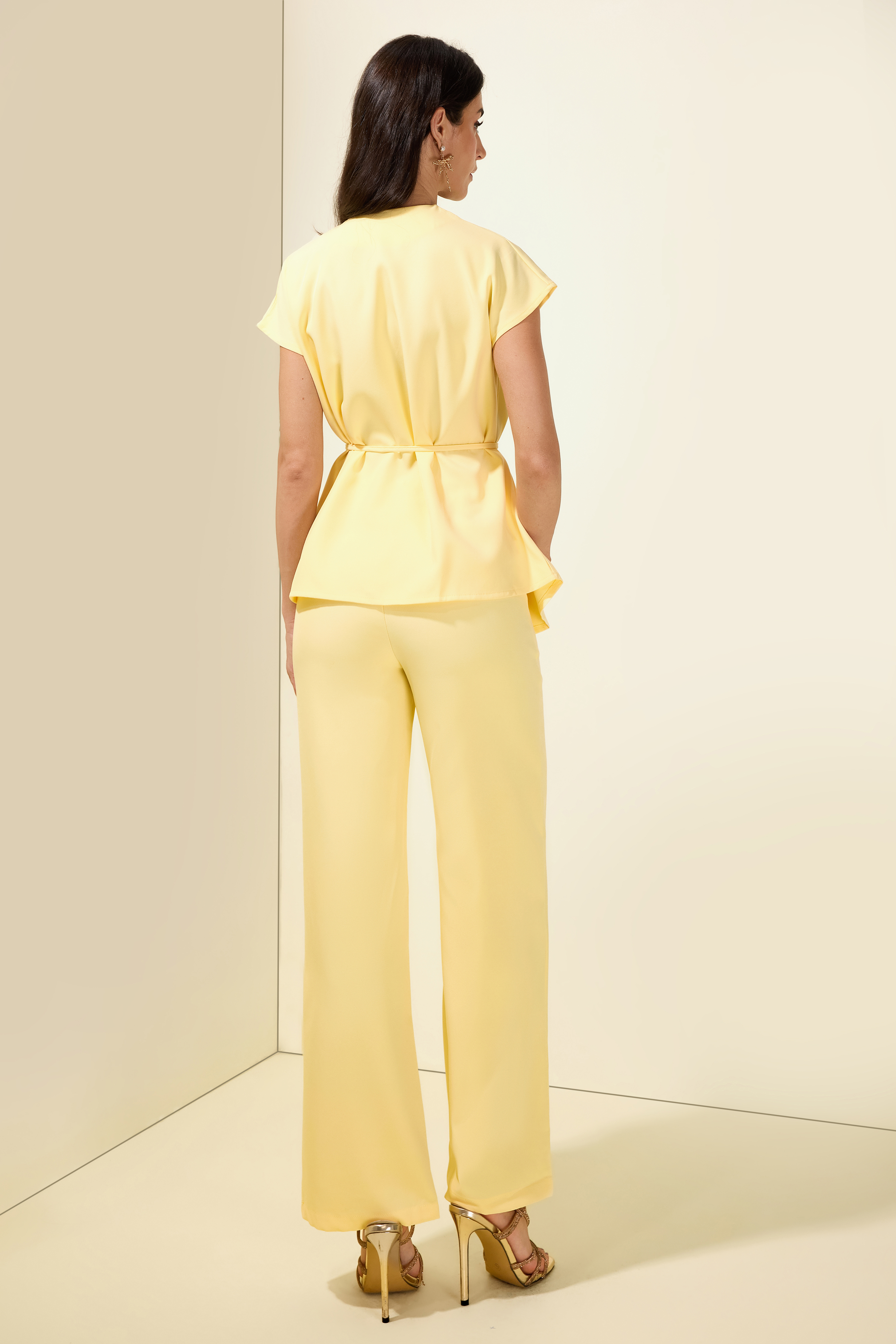 Metal Button V-Neck Top & High Waist Pants Set