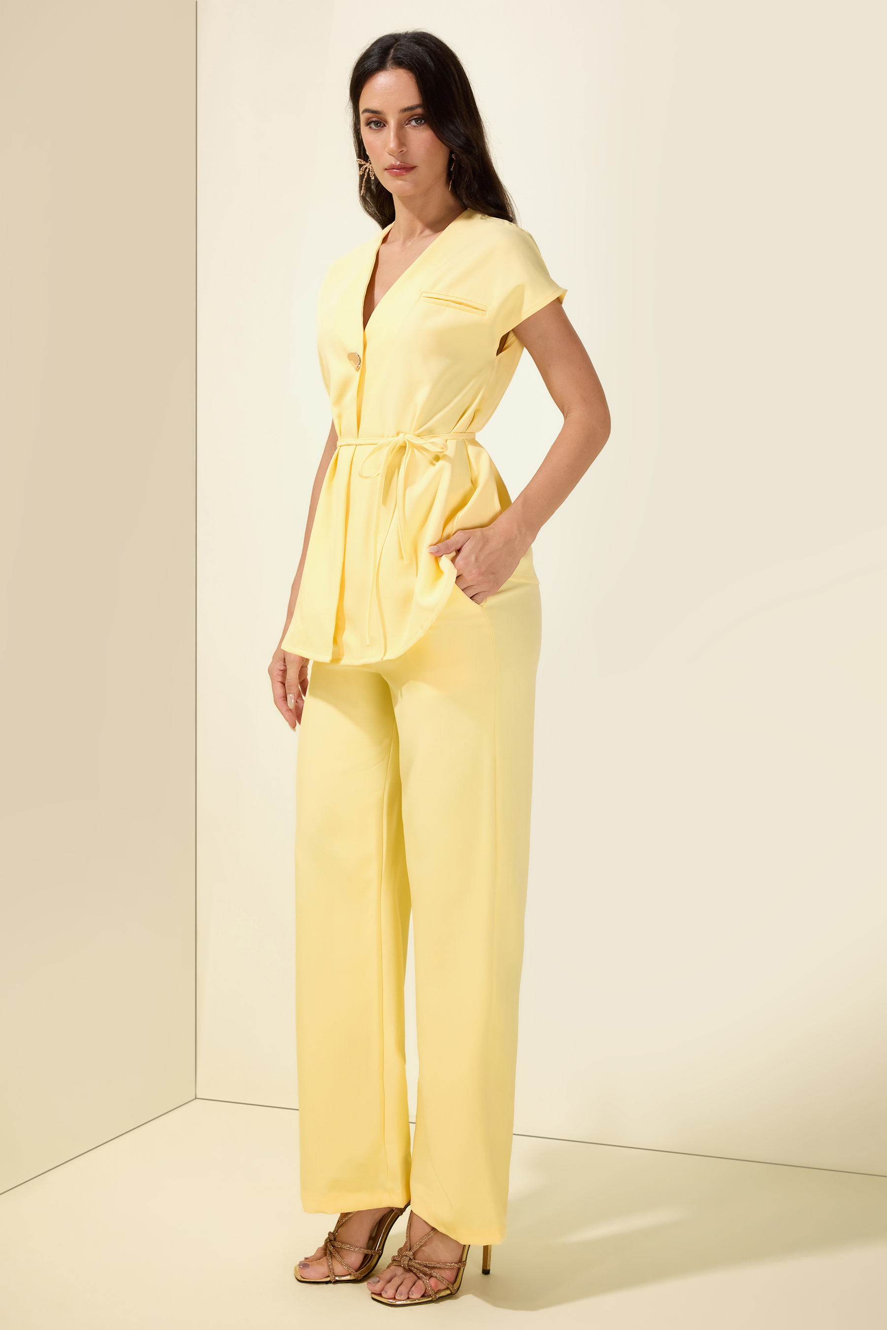 Metal Button V-Neck Top & High Waist Pants Set