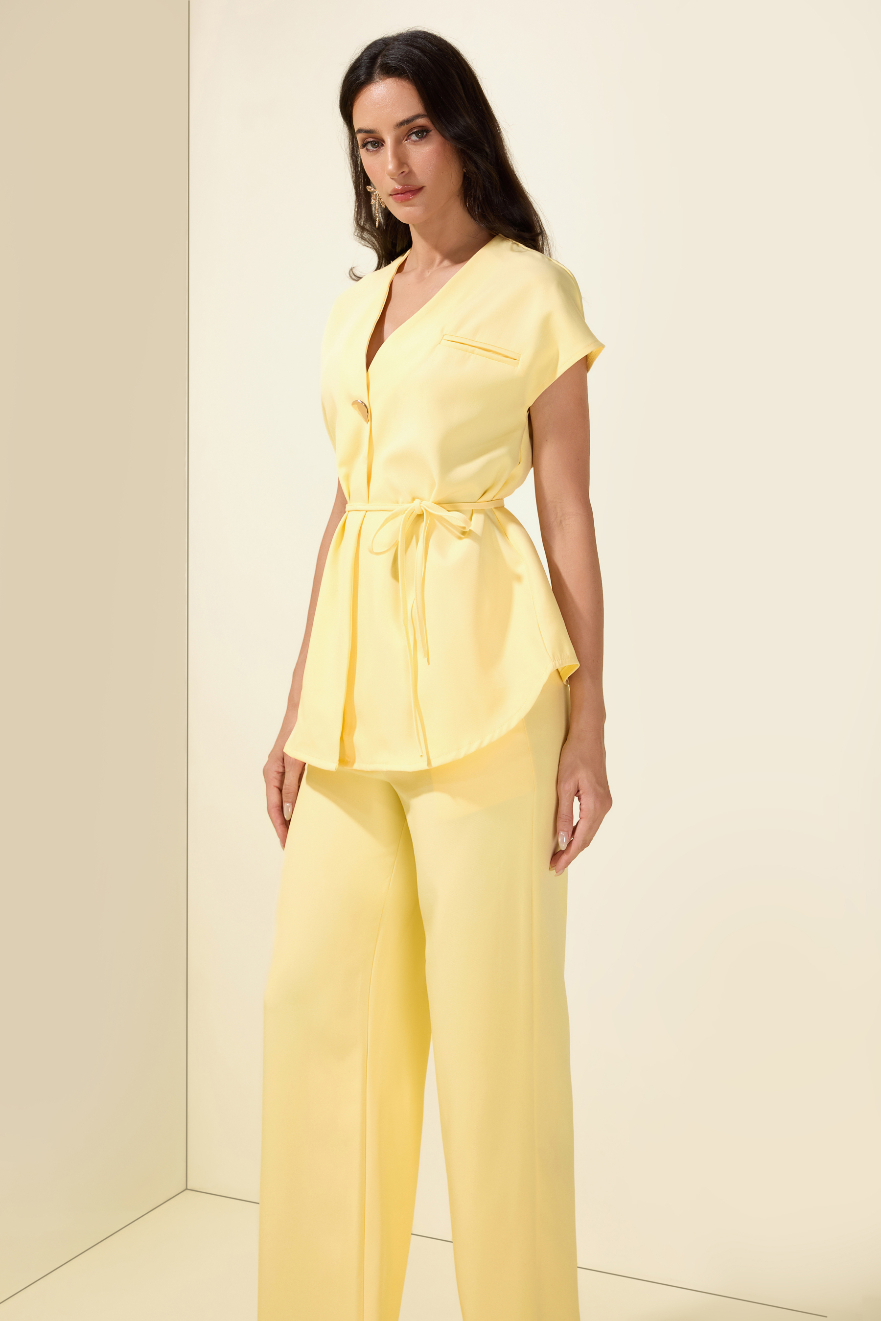 Metal Button V-Neck Top & High Waist Pants Set