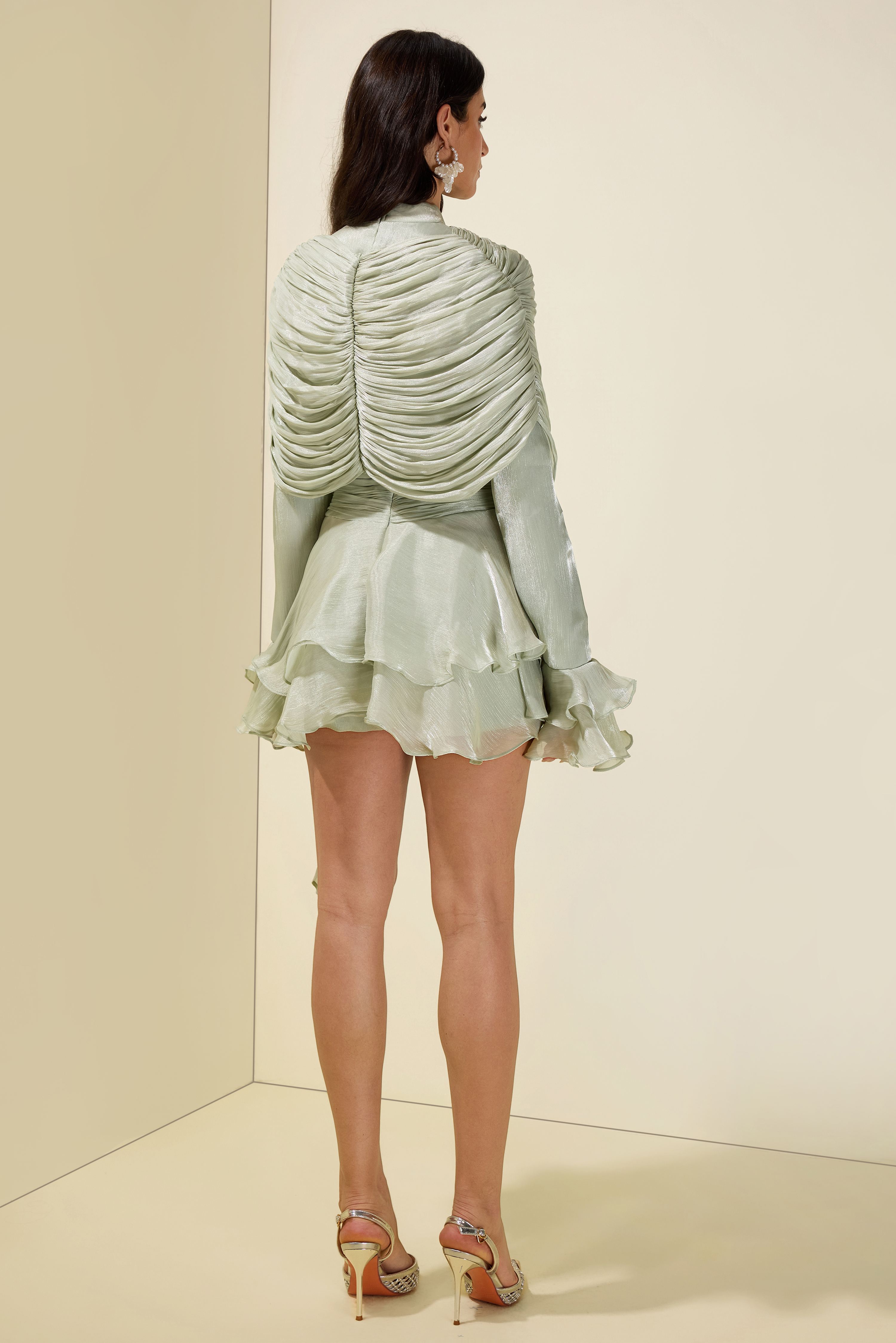 Gathering Ruffle Mini Dress With Cape