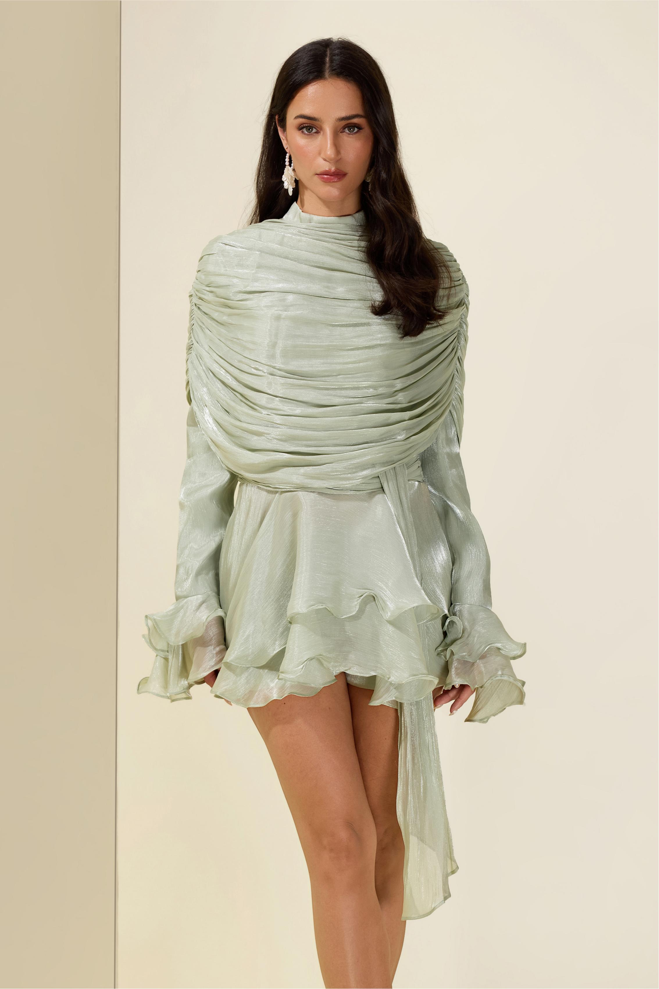 Gathering Ruffle Mini Dress With Cape