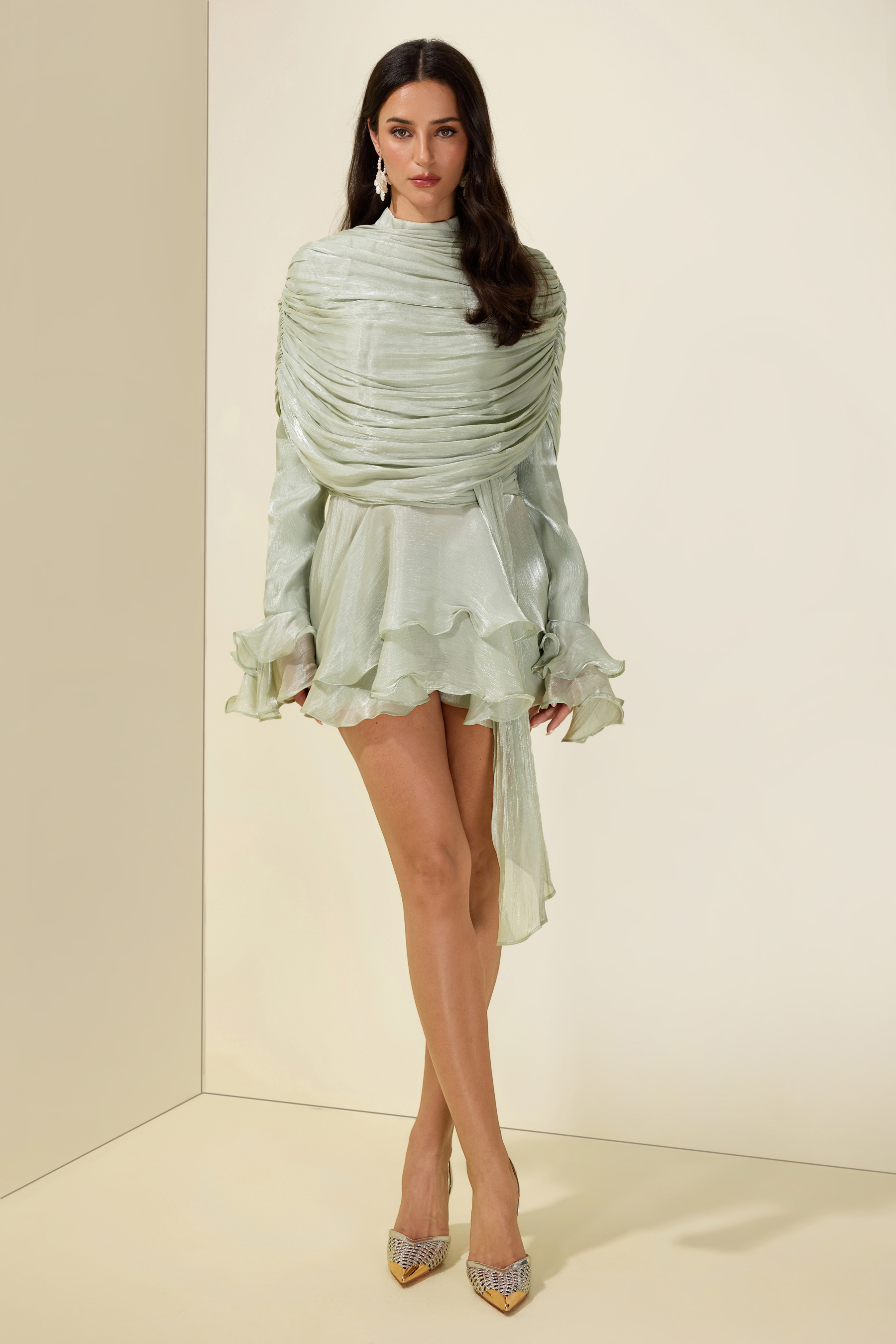 Gathering Ruffle Mini Dress With Cape