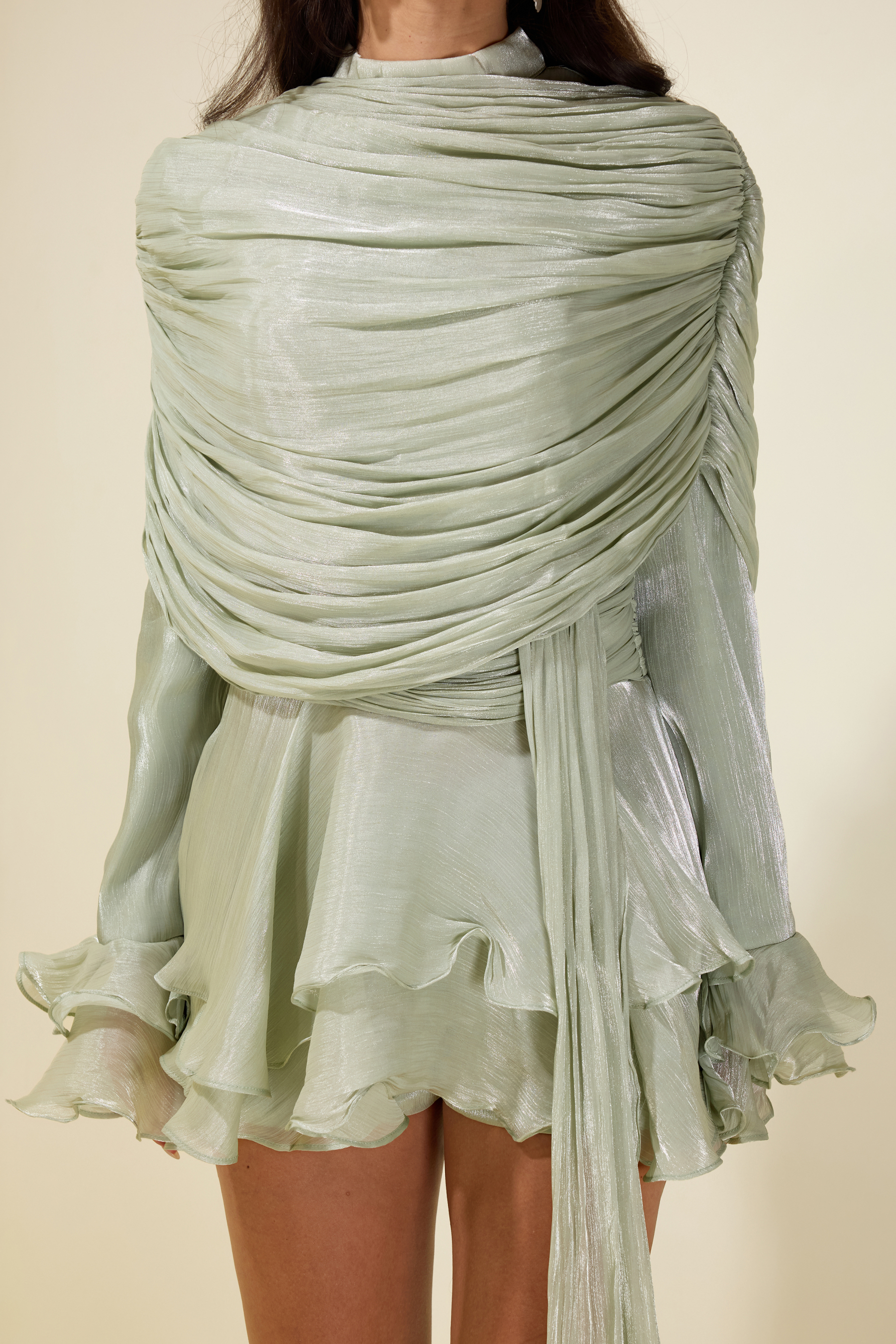 Gathering Ruffle Mini Dress With Cape