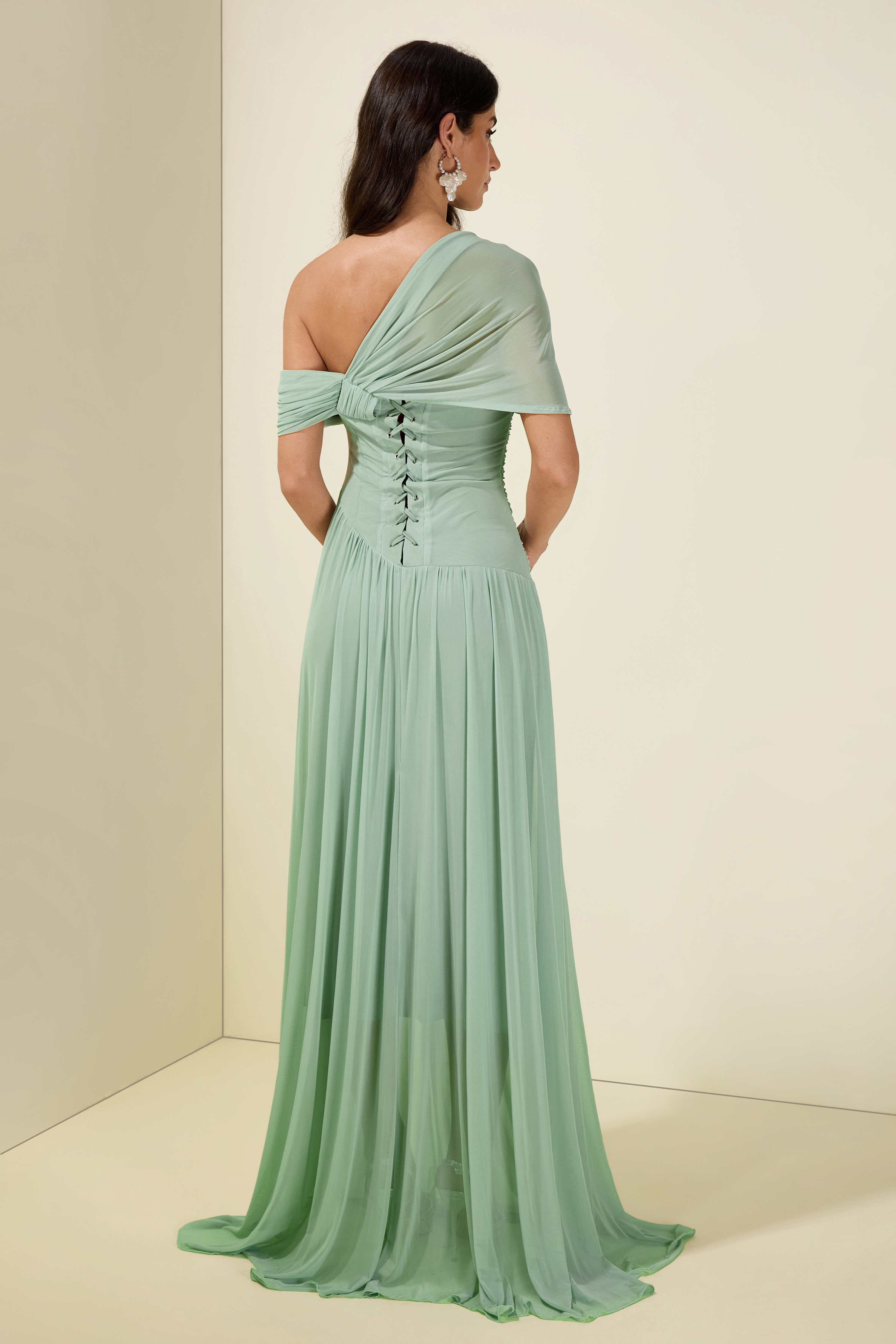 Gathering Asymmetrical Sleeve Maxi Dress