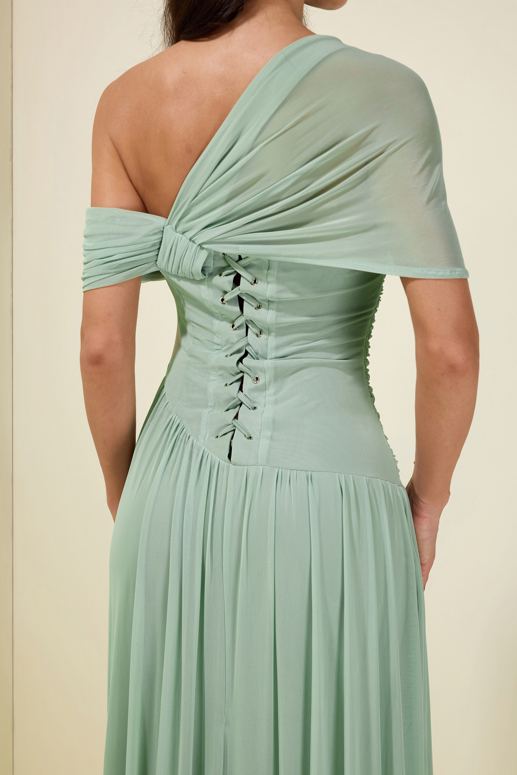 Gathering Asymmetrical Sleeve Maxi Dress