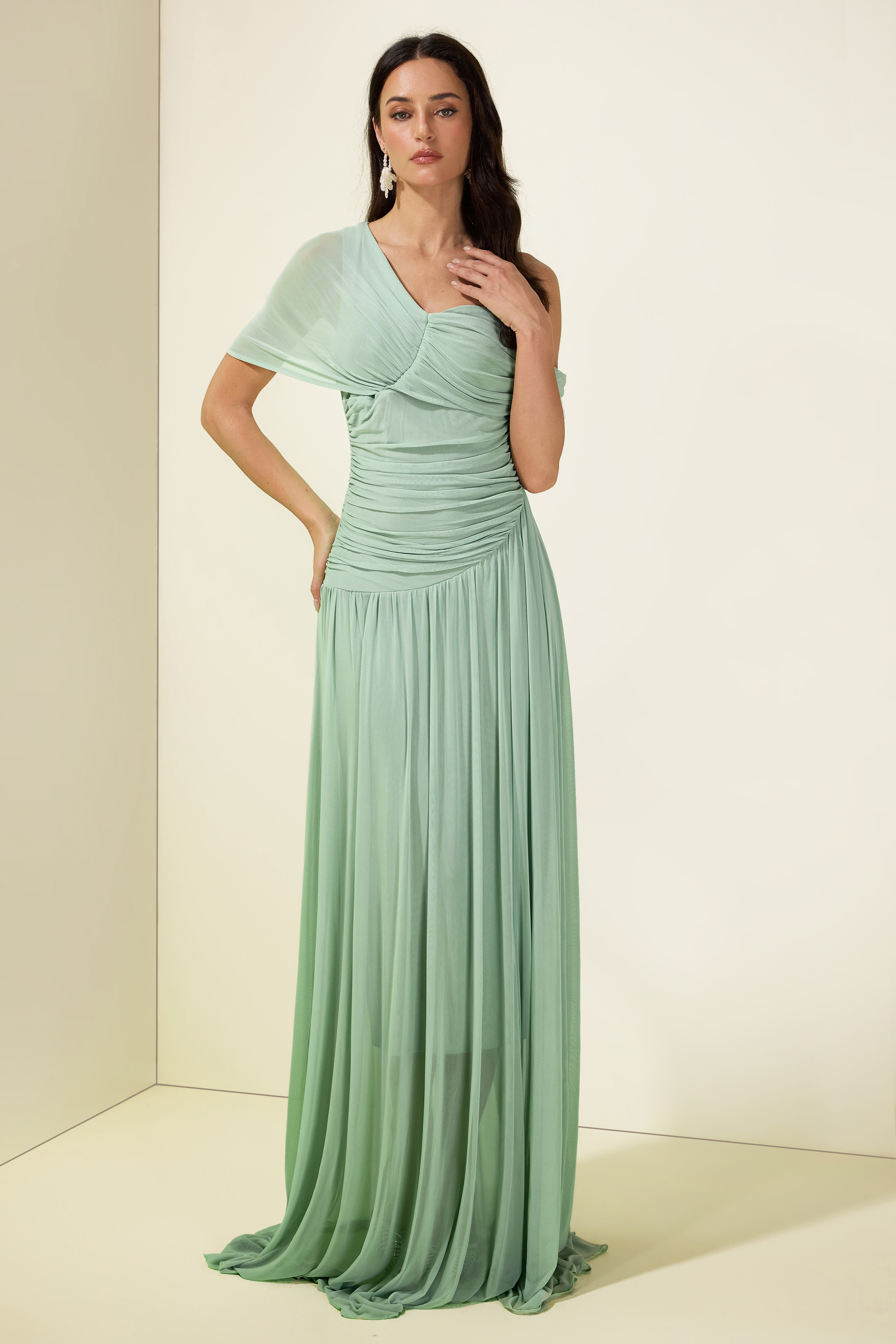 Gathering Asymmetrical Sleeve Maxi Dress