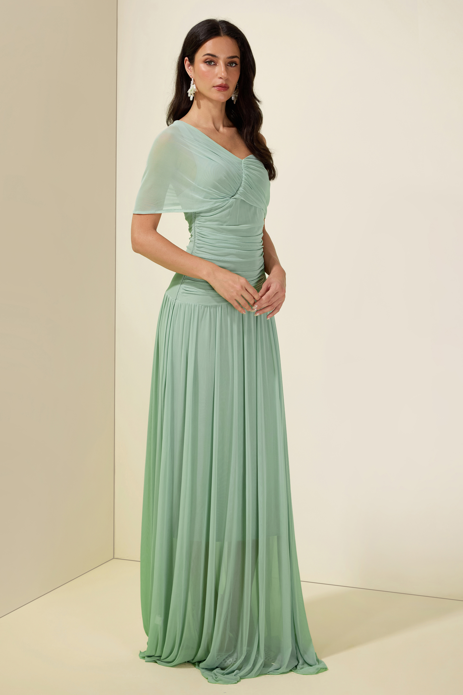 Gathering Asymmetrical Sleeve Maxi Dress