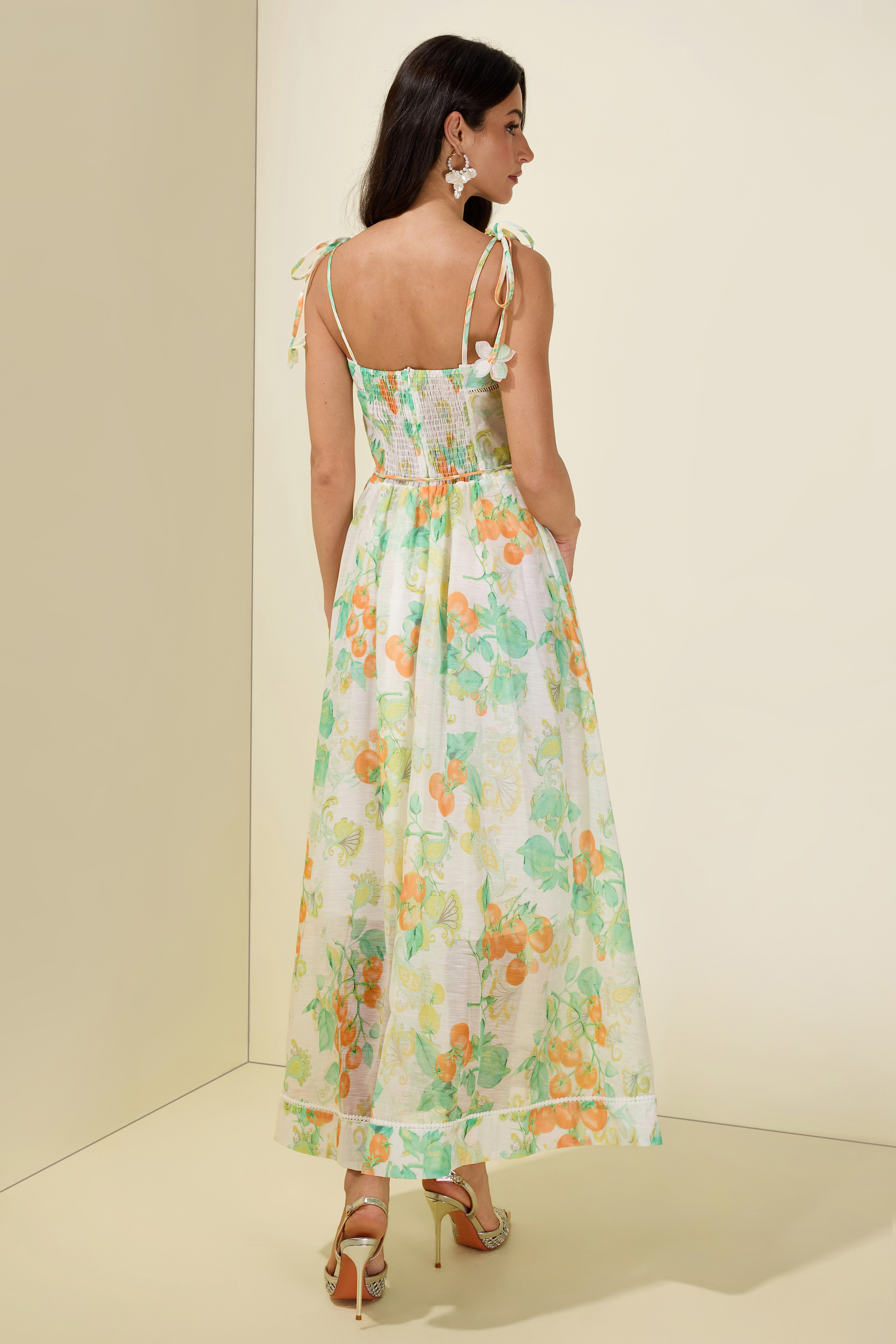 Tomato Print Lace-Up Smocking Midi Dress