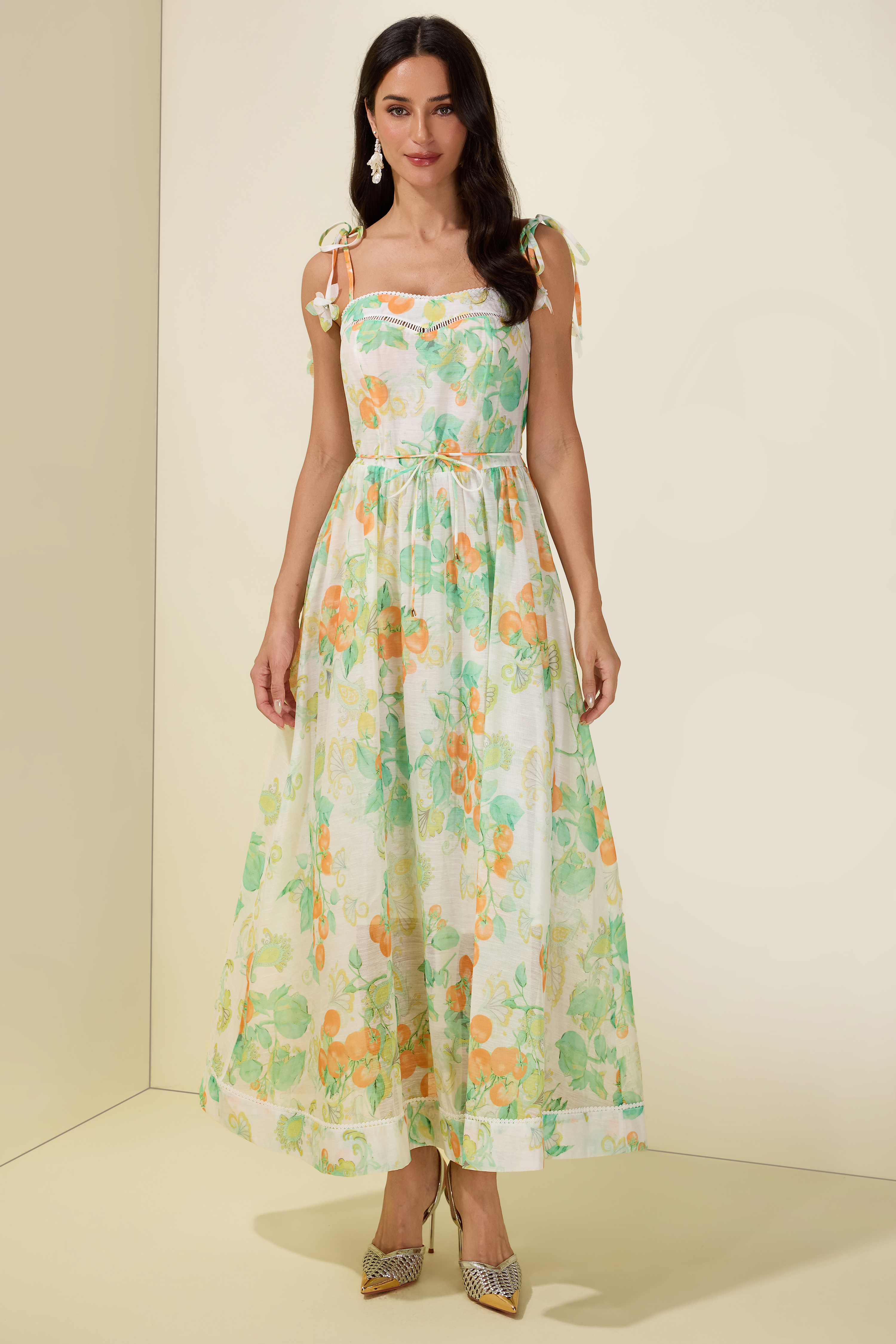 Tomato Print Lace-Up Smocking Midi Dress