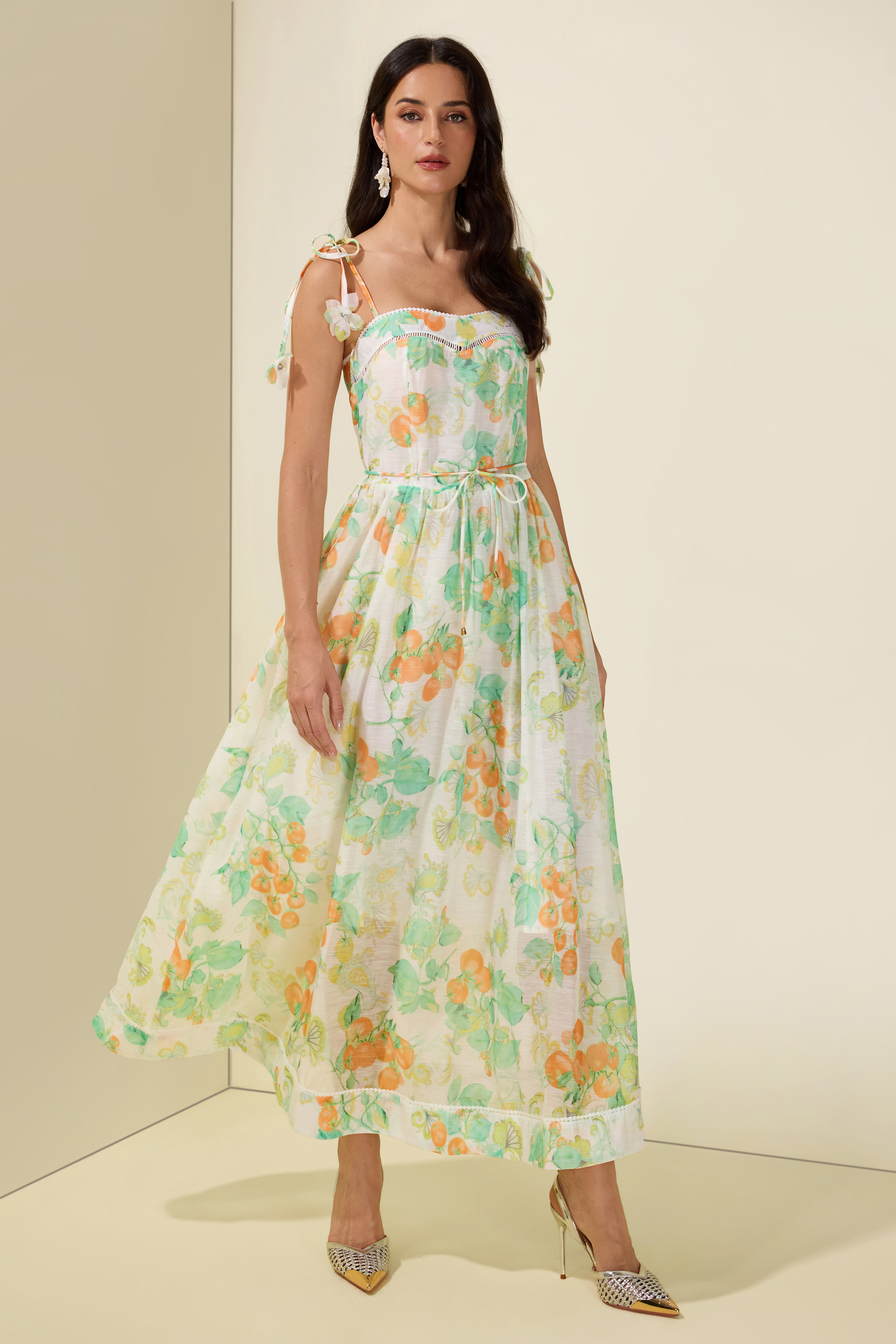 Tomato Print Lace-Up Smocking Midi Dress