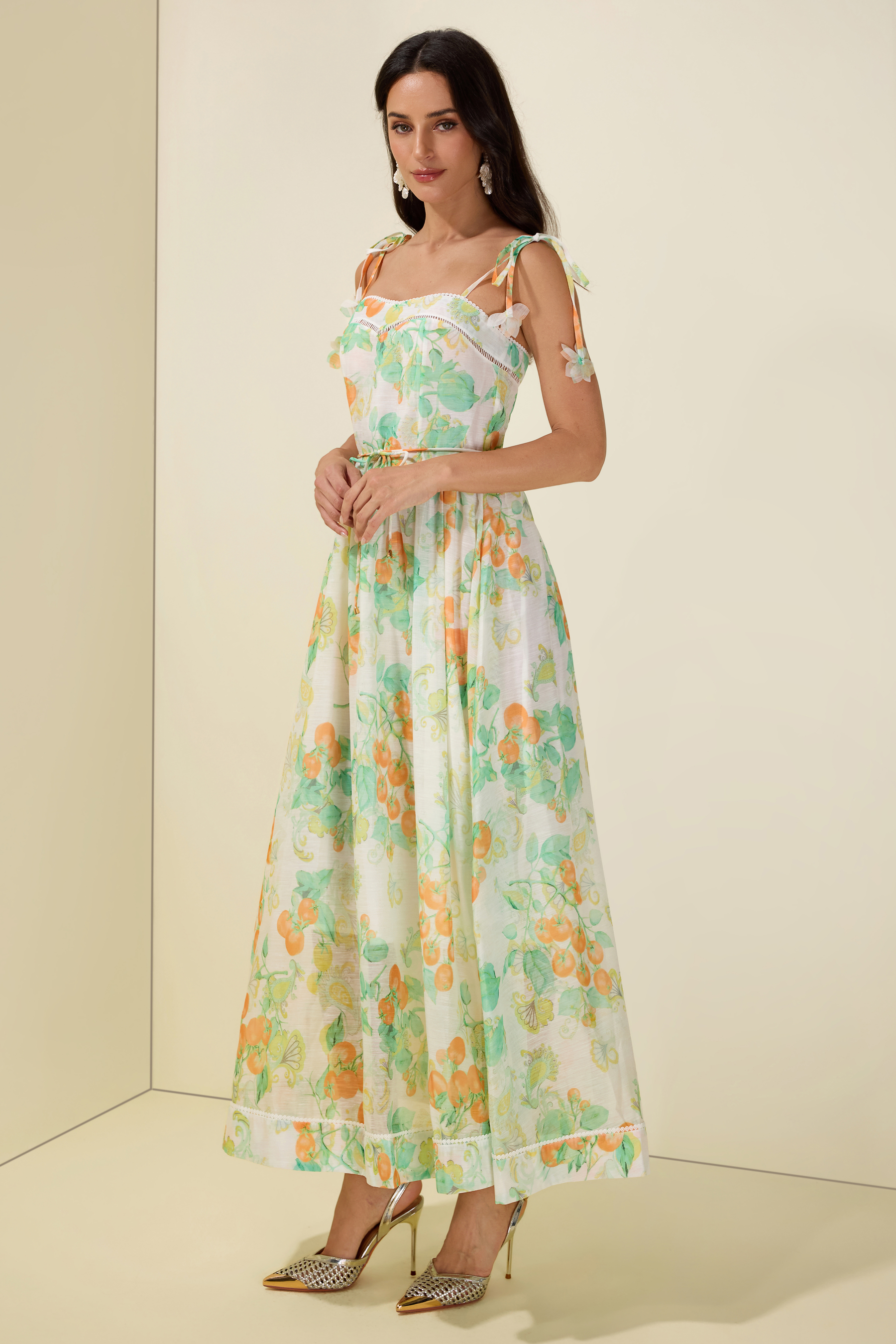 Tomato Print Lace-Up Smocking Midi Dress