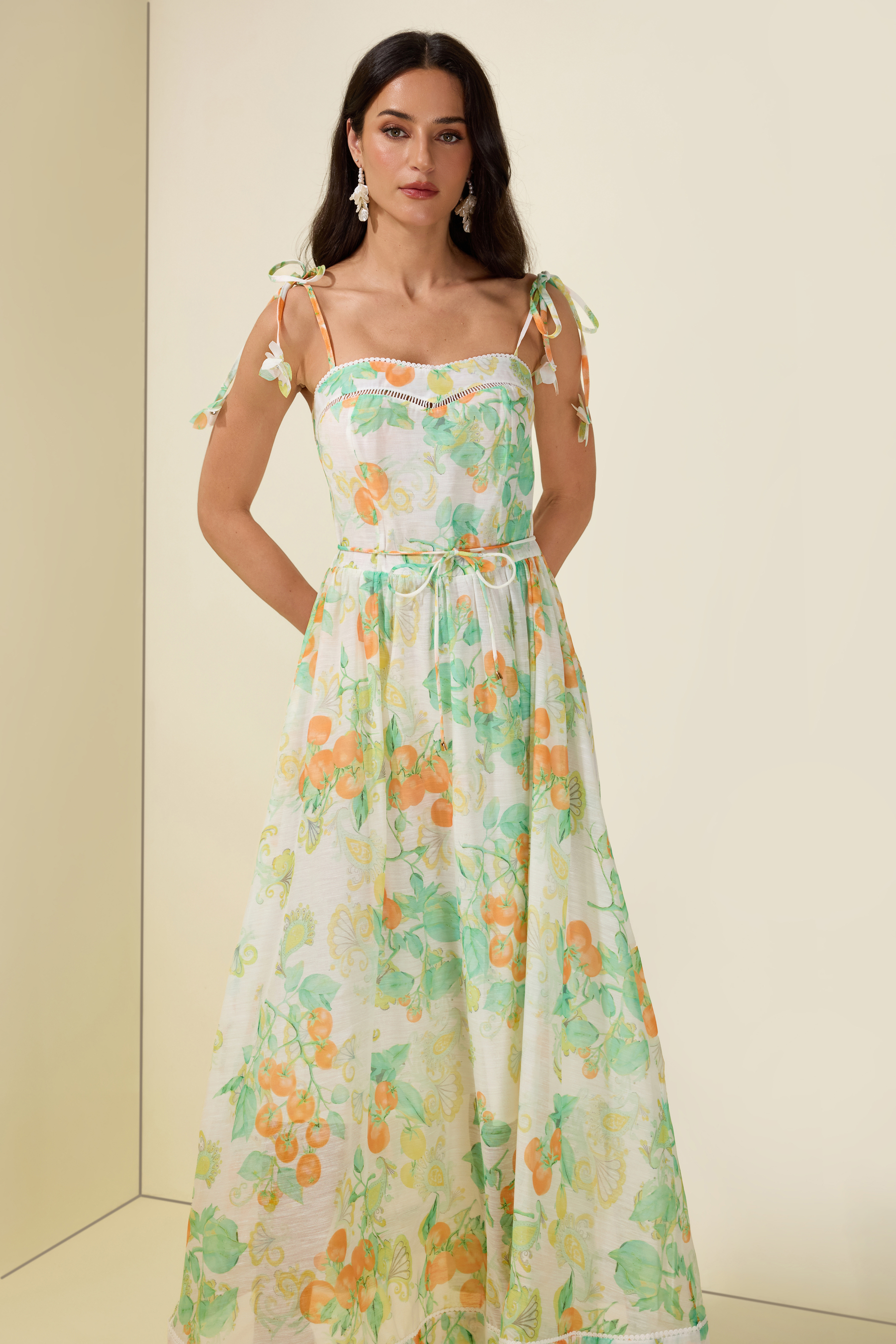 Tomato Print Lace-Up Smocking Midi Dress