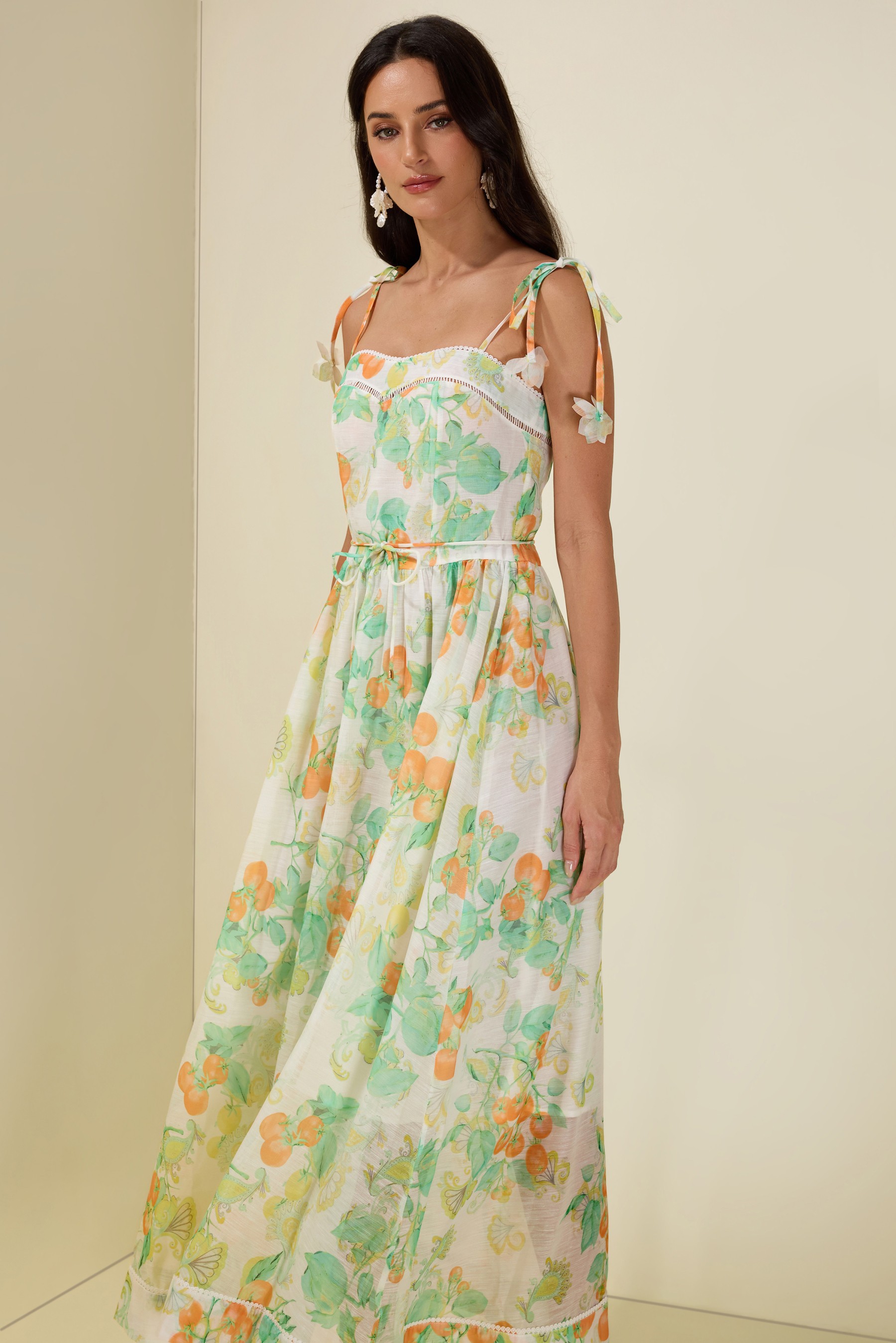 Tomato Print Lace-Up Smocking Midi Dress