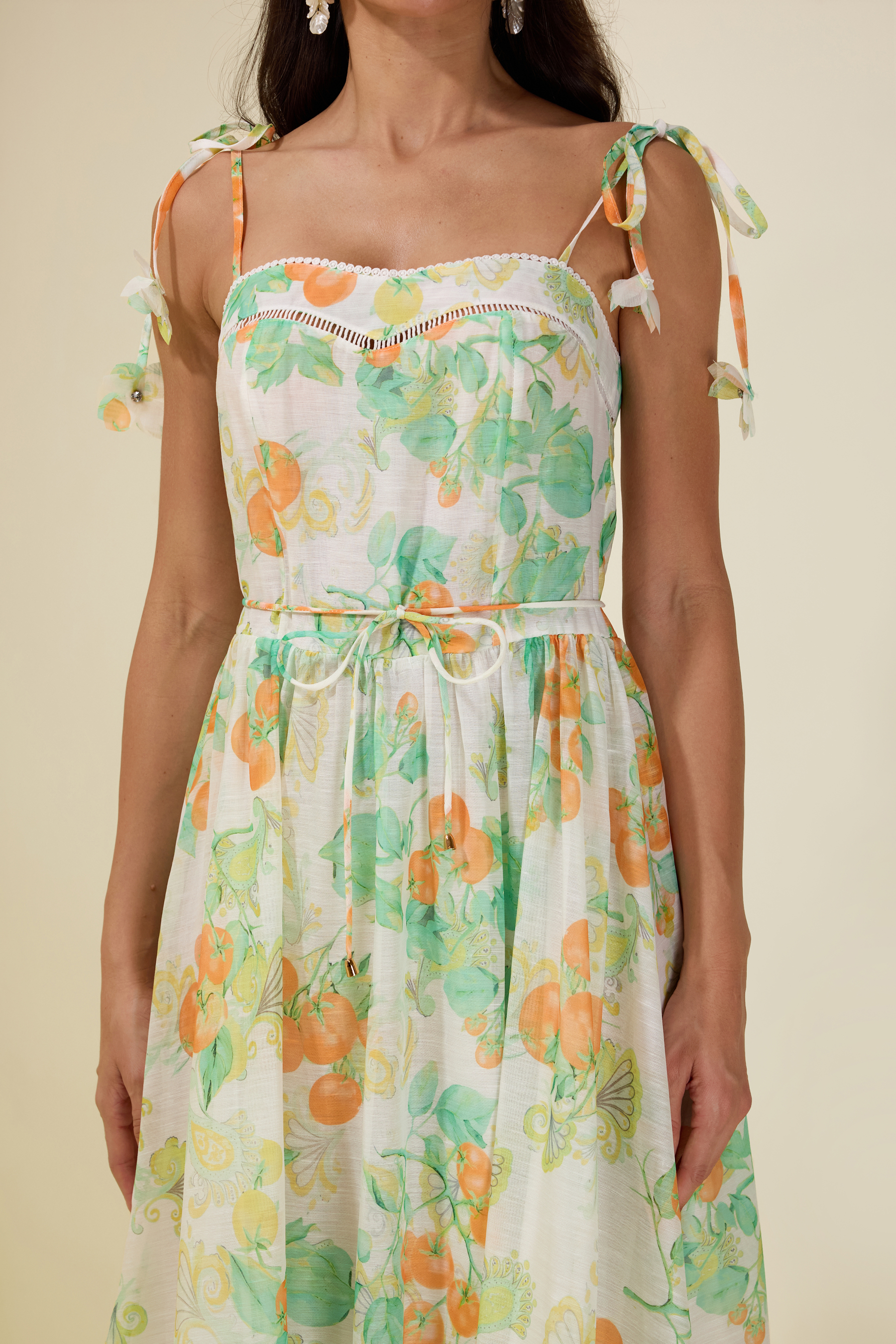 Tomato Print Lace-Up Smocking Midi Dress