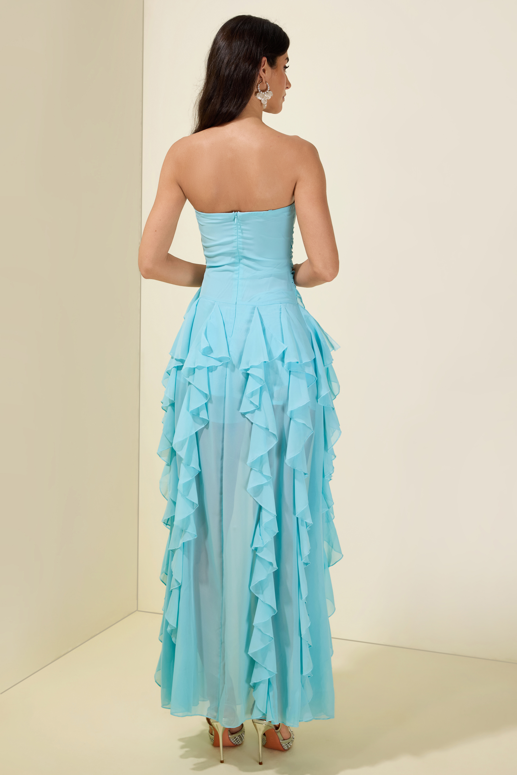 Pleated Frill Strapless Midi Dress