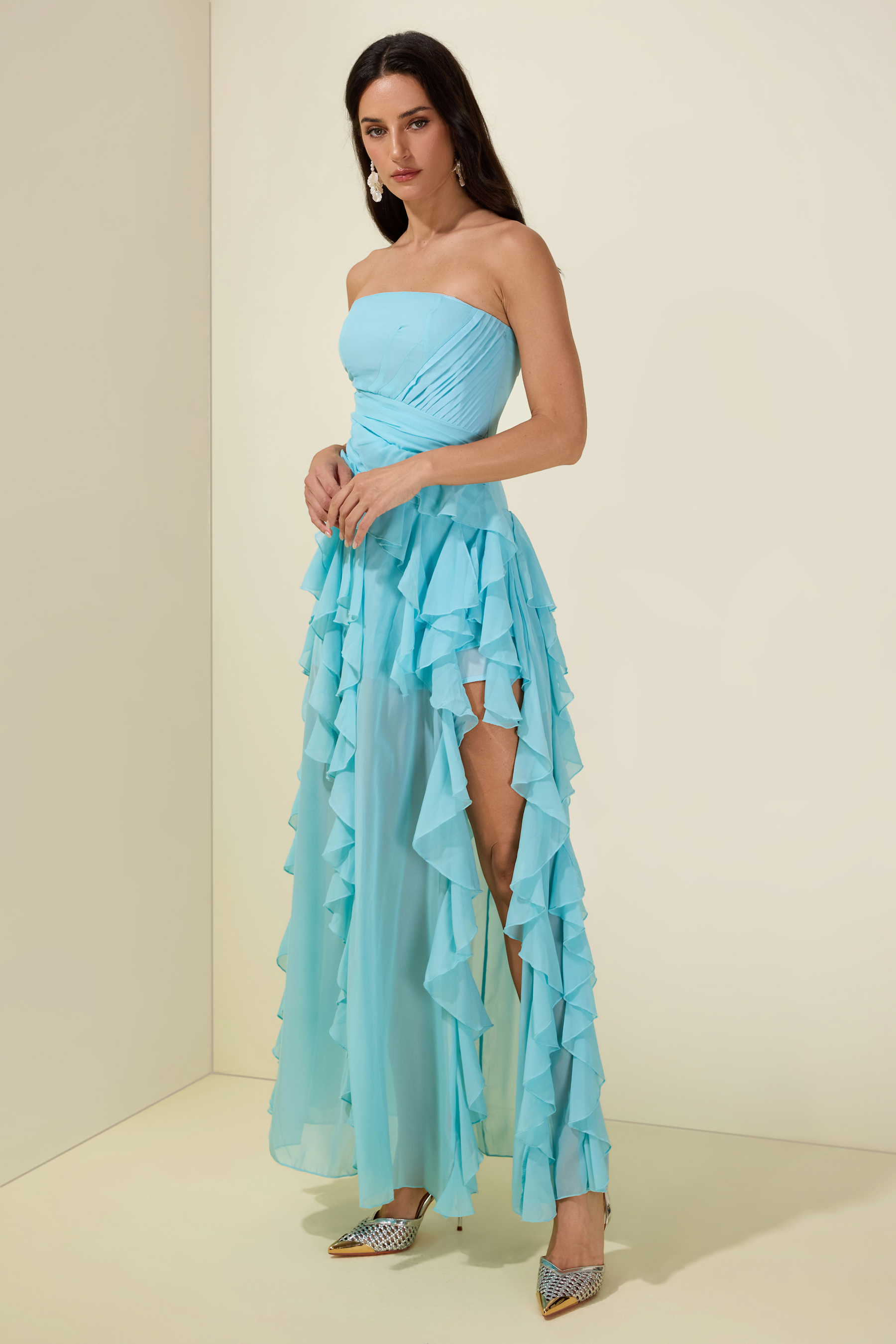Pleated Frill Strapless Midi Dress