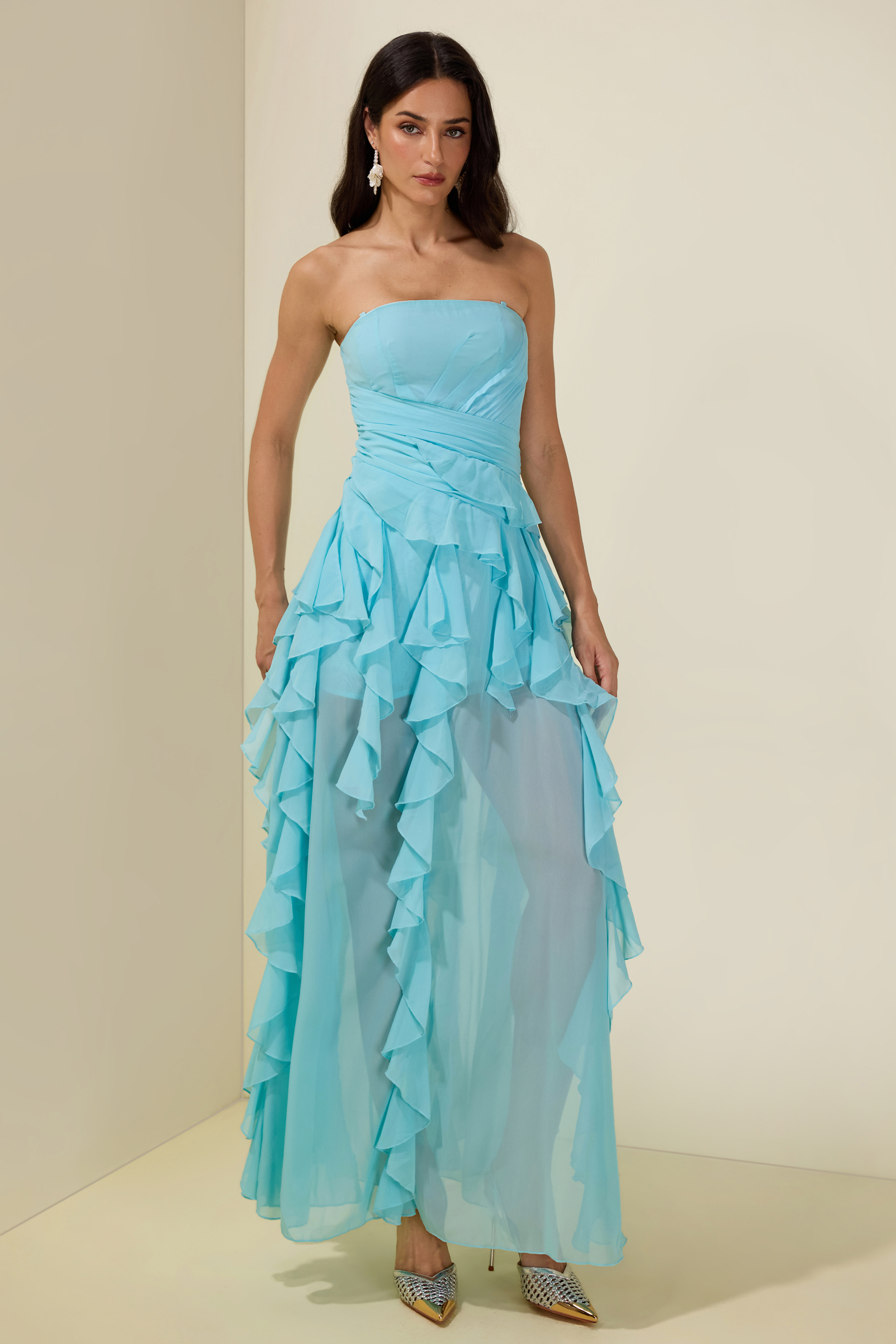 Pleated Frill Strapless Midi Dress