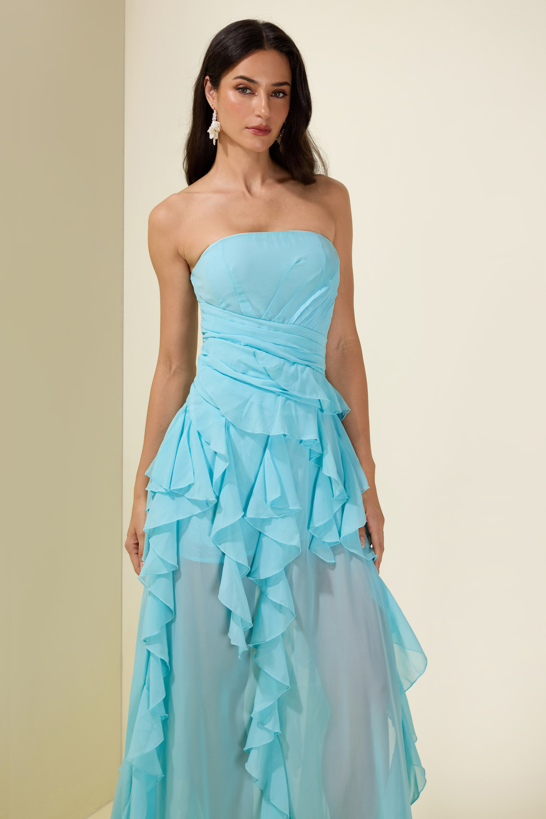Pleated Frill Strapless Midi Dress