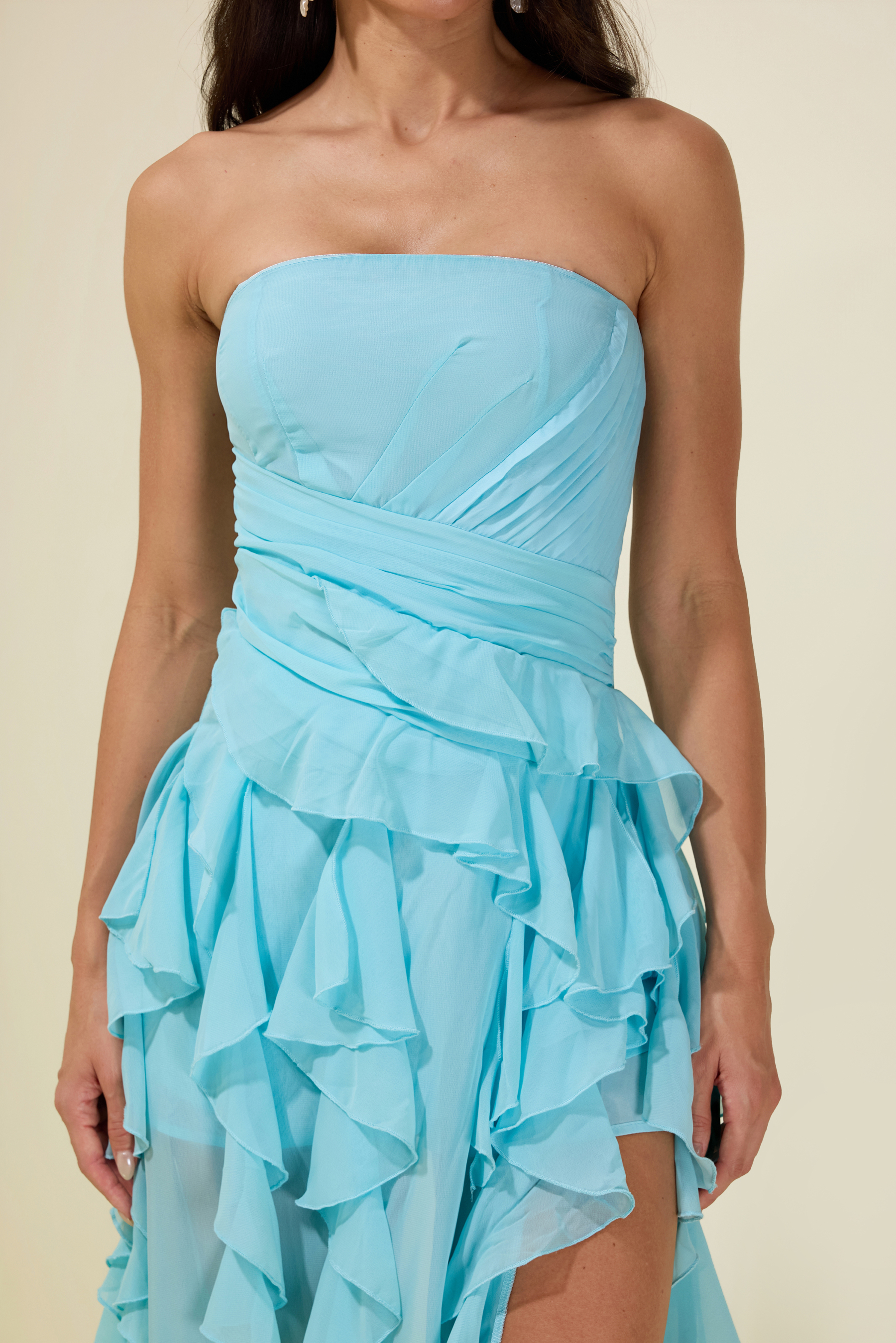 Pleated Frill Strapless Midi Dress