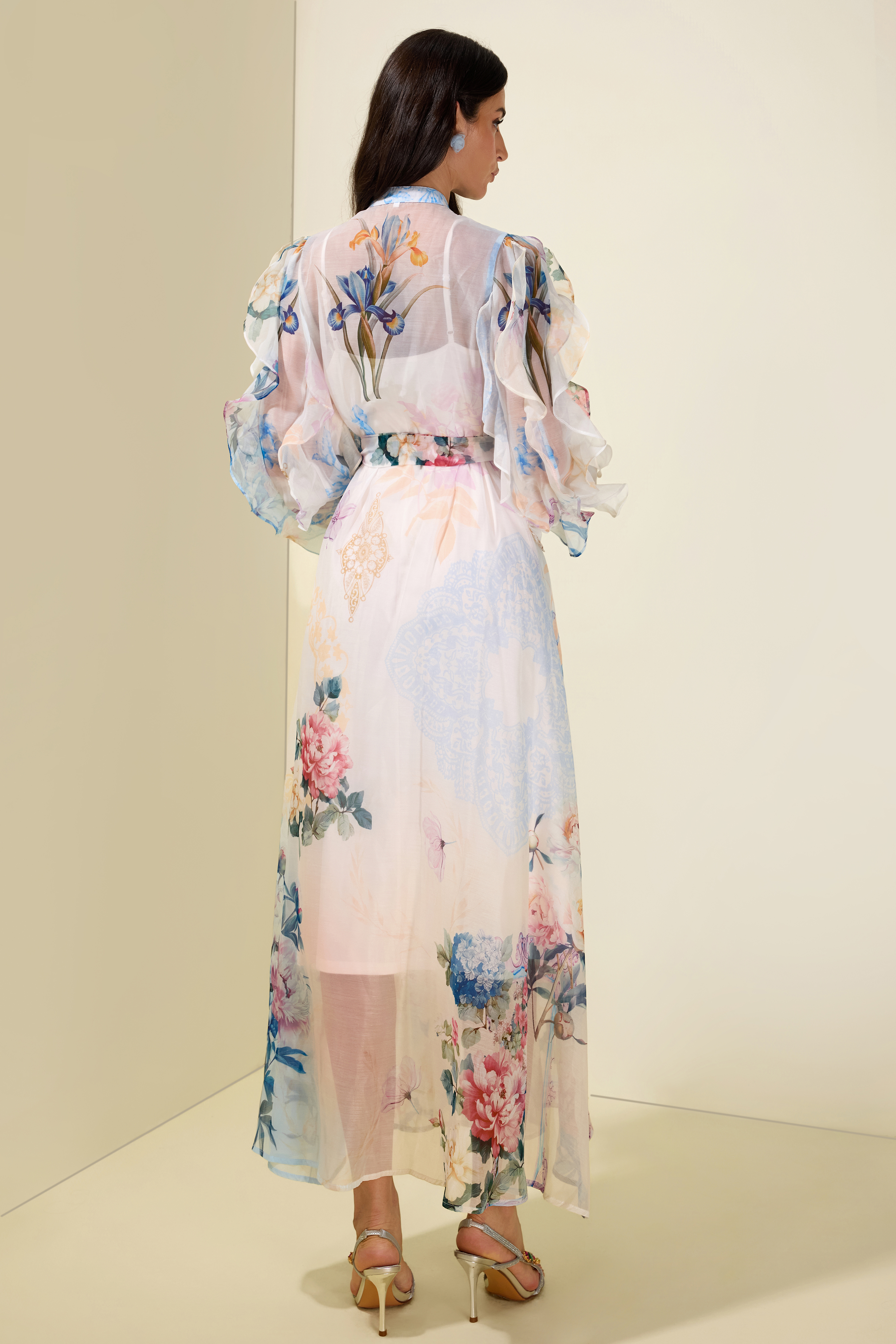 3D Flower Frill Long Sleeve Midi Dress