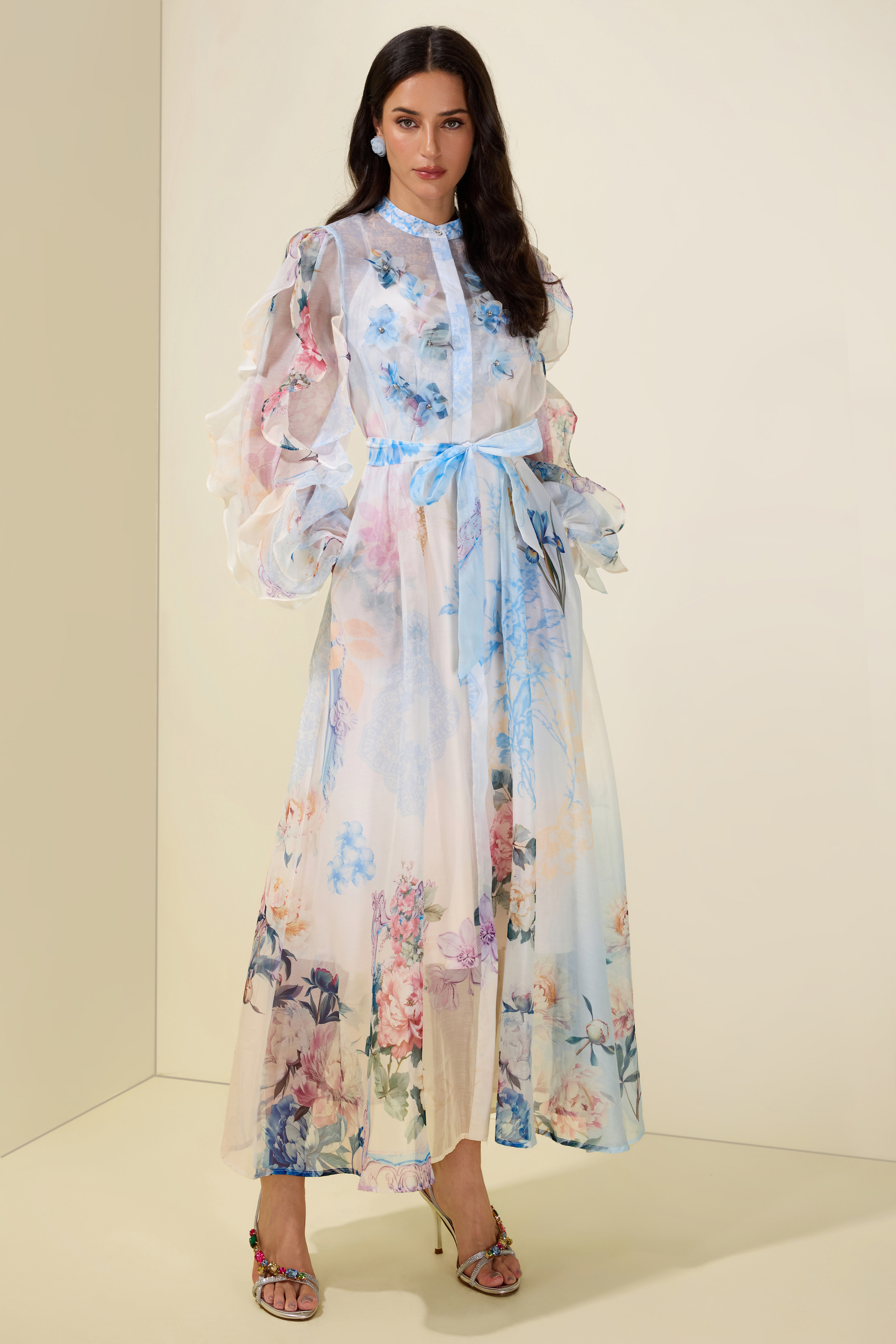 3D Flower Frill Long Sleeve Midi Dress