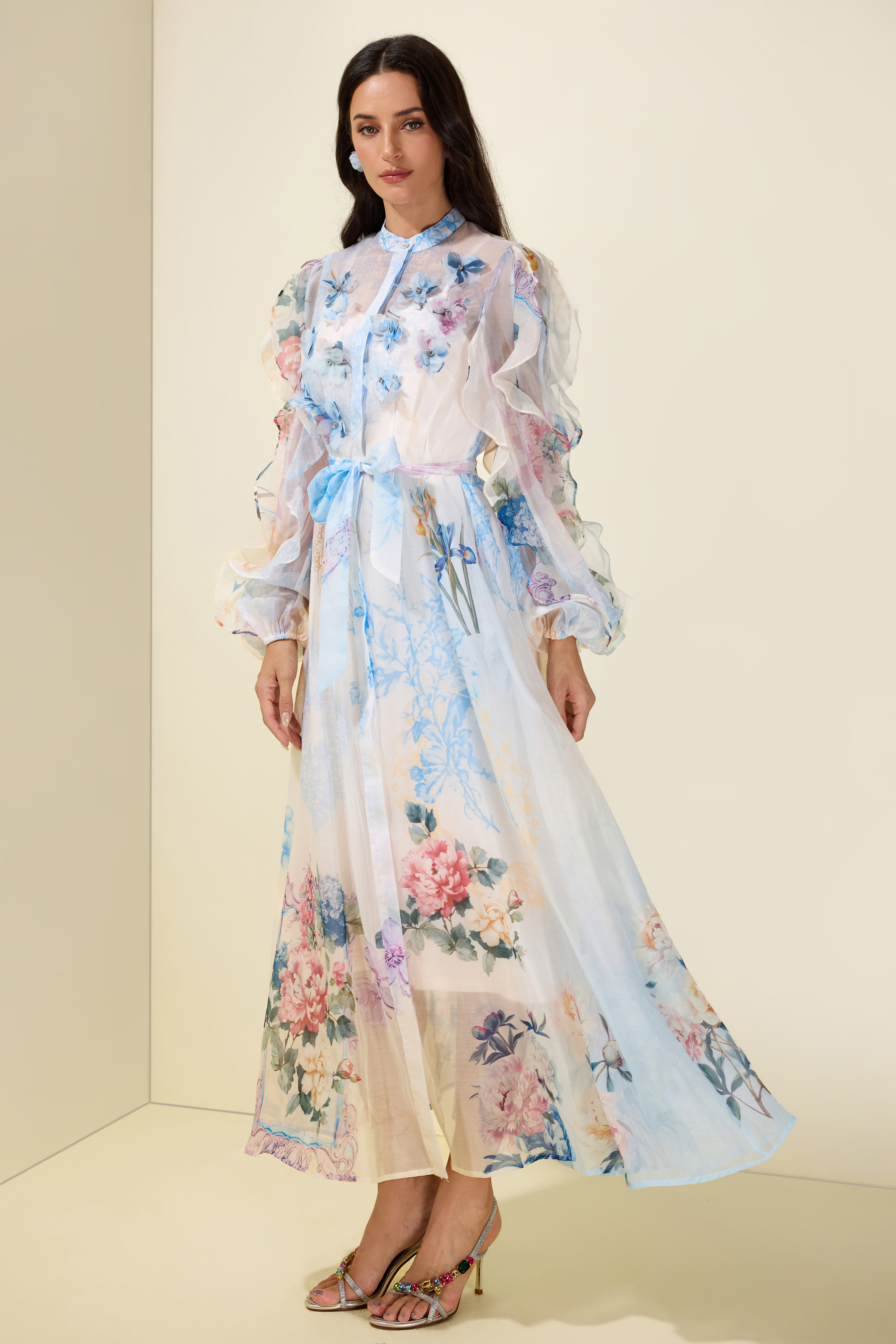 3D Flower Frill Long Sleeve Midi Dress