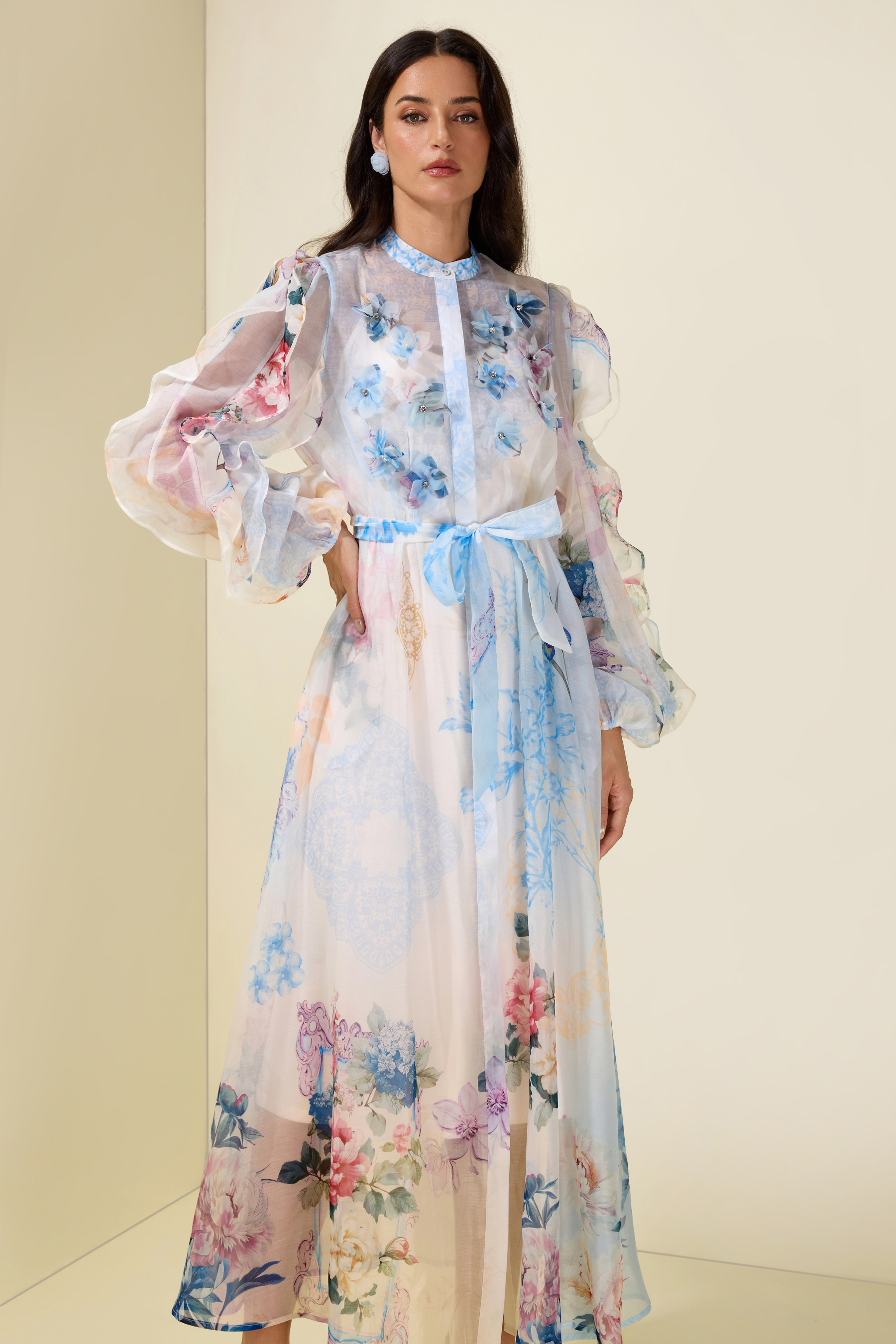 3D Flower Frill Long Sleeve Midi Dress