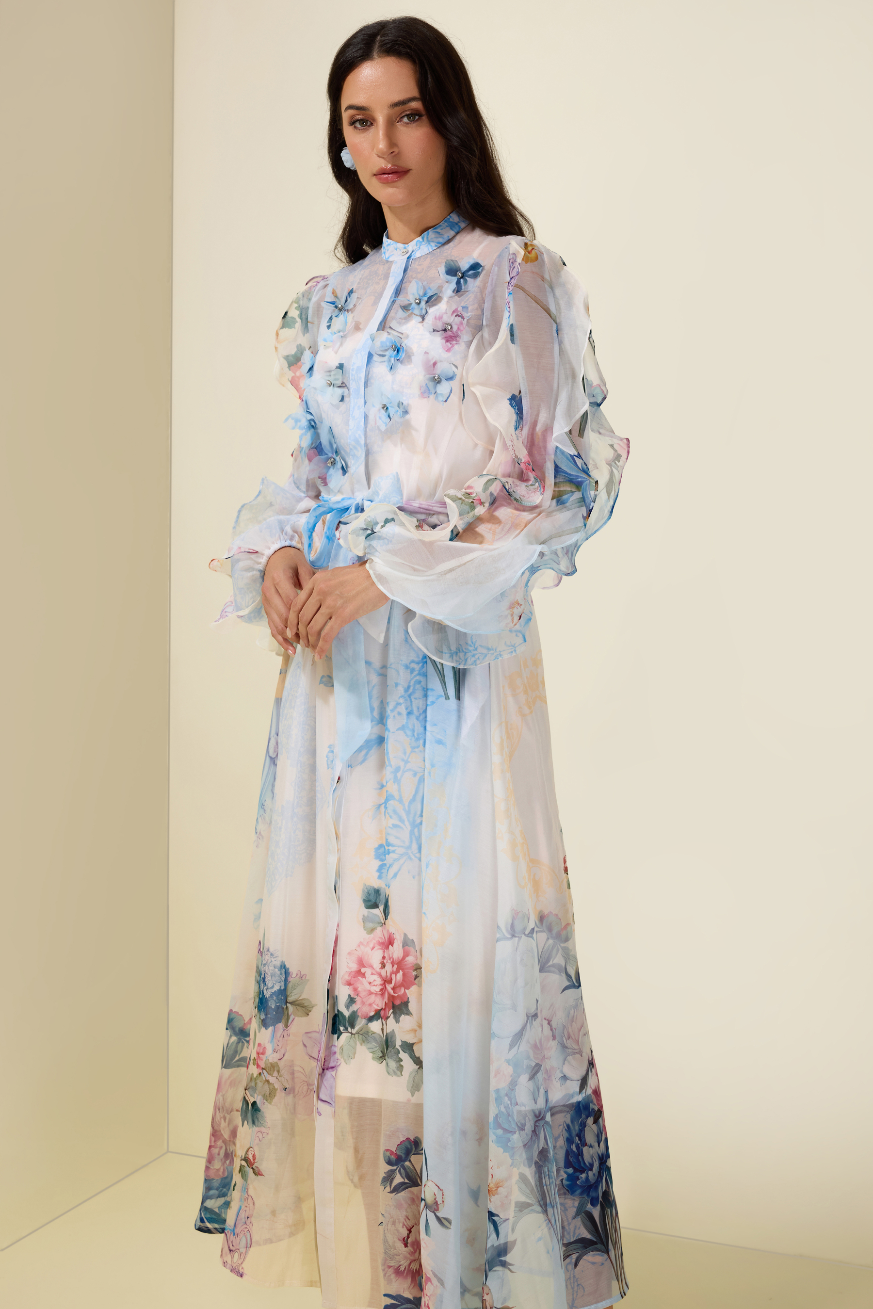 3D Flower Frill Long Sleeve Midi Dress