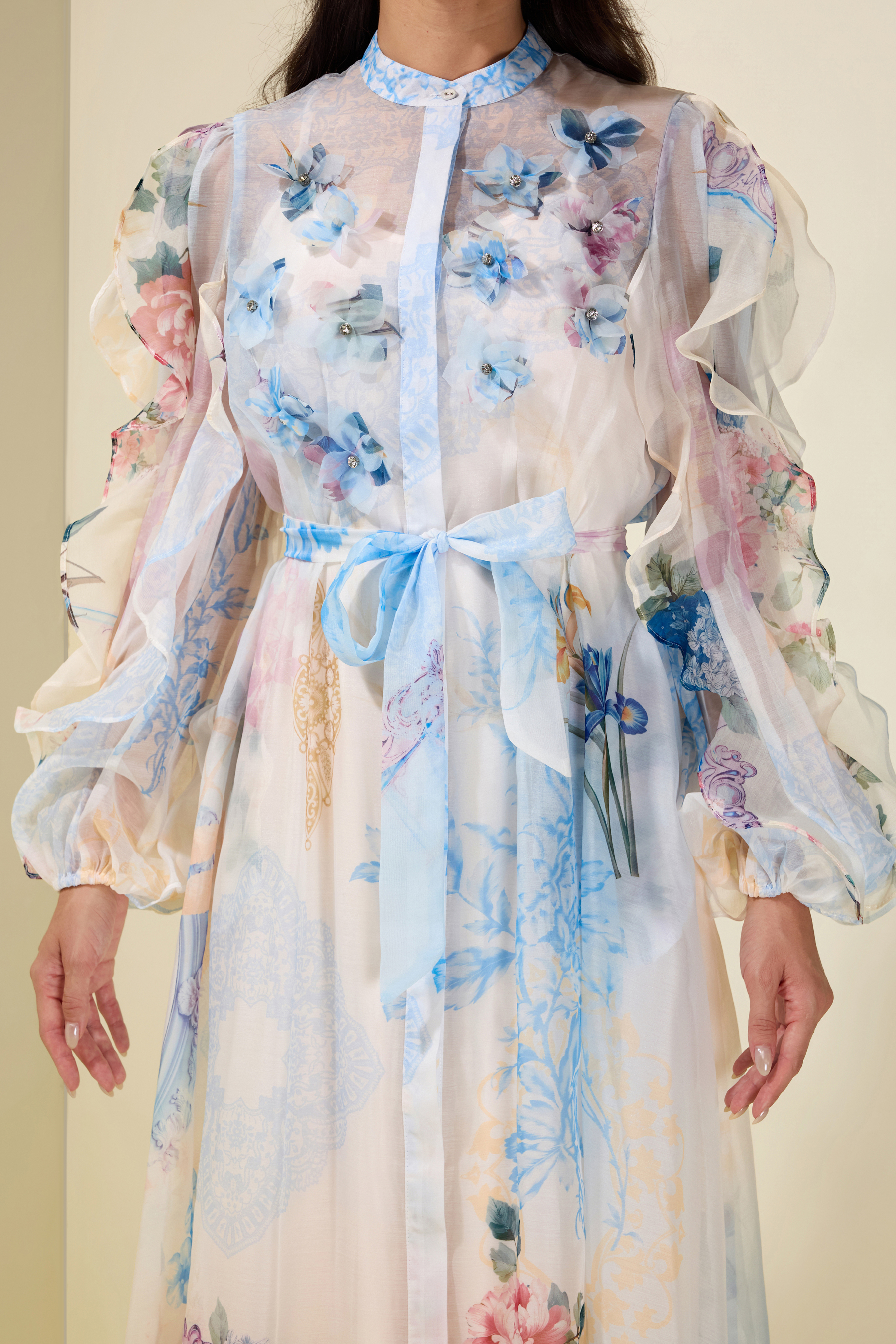3D Flower Frill Long Sleeve Midi Dress