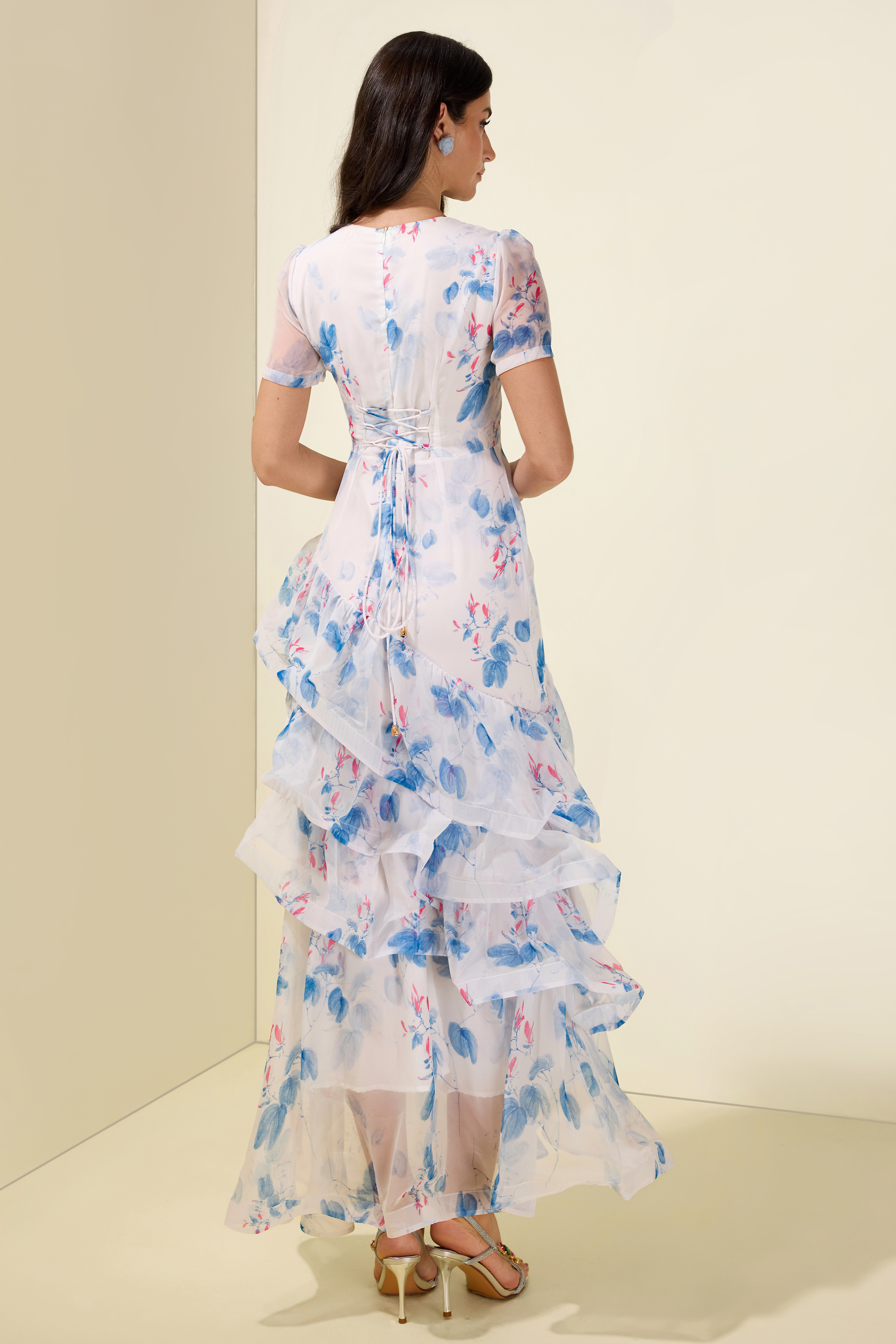 Floral Ruffle V-Neck Maxi Dress