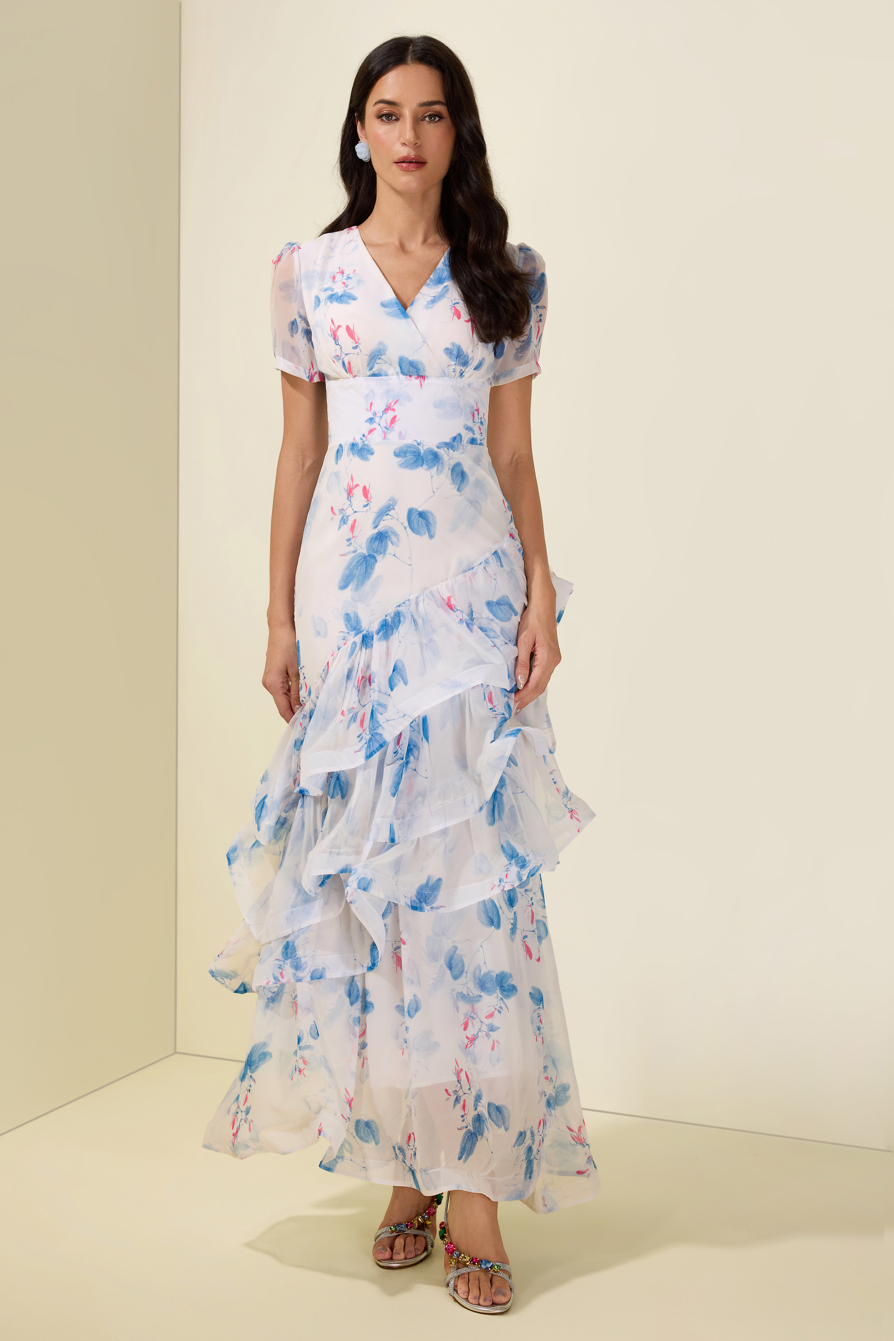 Floral Ruffle V-Neck Maxi Dress