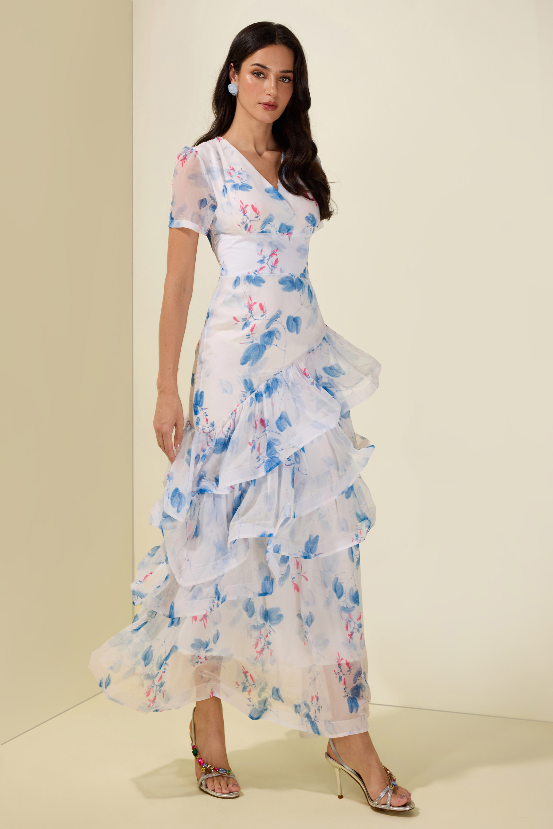 Floral Ruffle V-Neck Maxi Dress