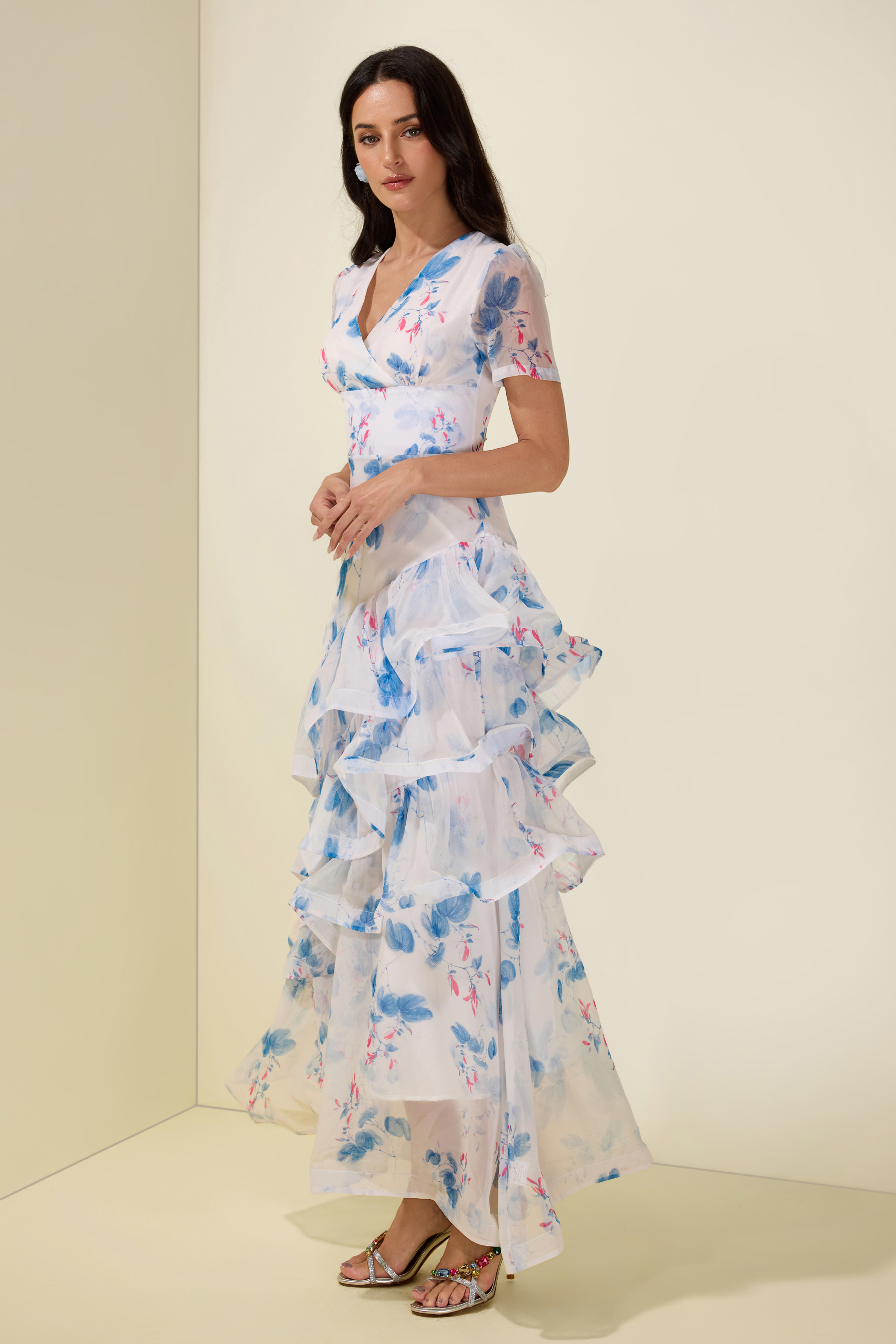 Floral Ruffle V-Neck Maxi Dress