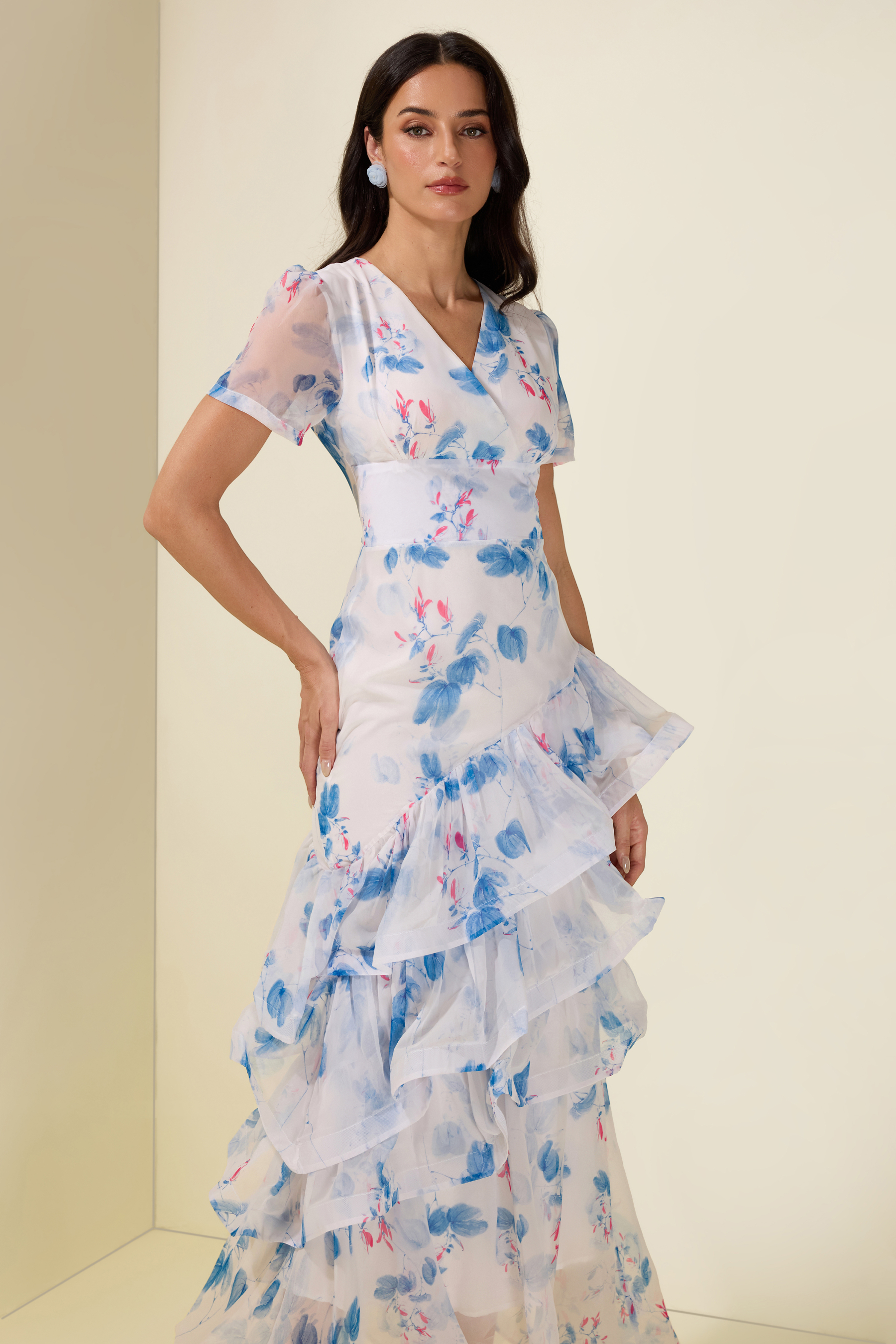 Floral Ruffle V-Neck Maxi Dress