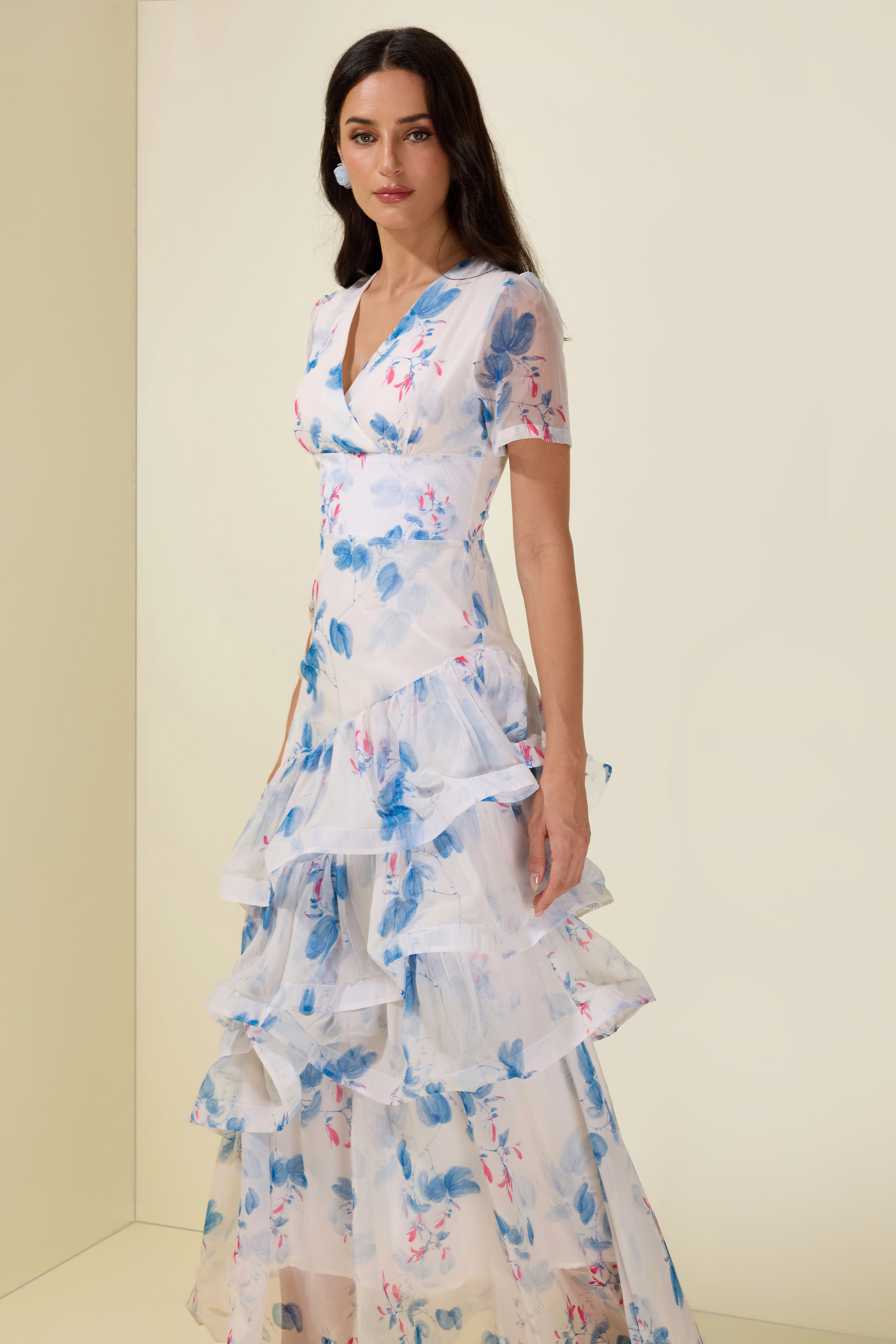 Floral Ruffle V-Neck Maxi Dress
