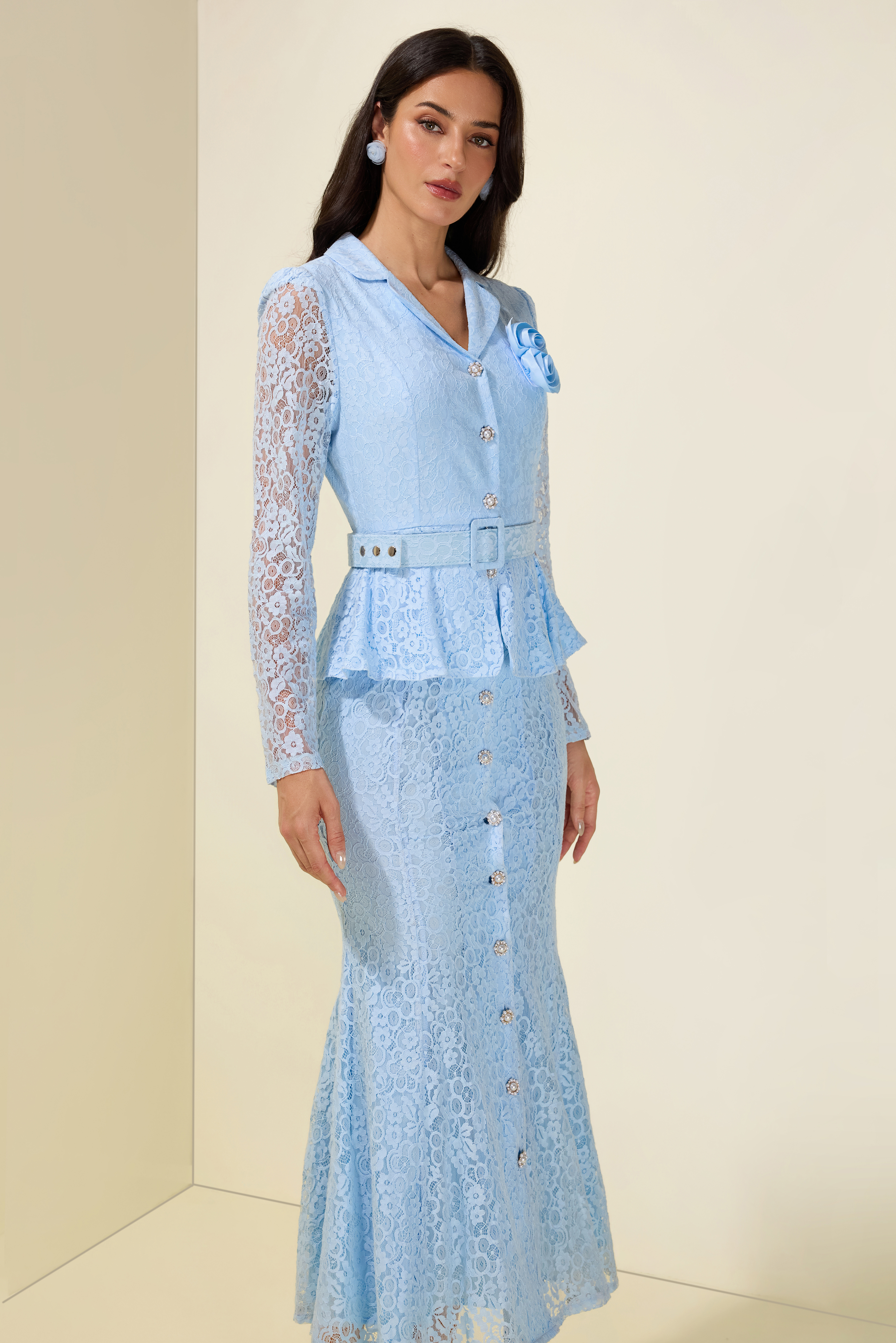 Lace 3D Floral Ruffle Bodycon Midi Dress – Fleur Rétro