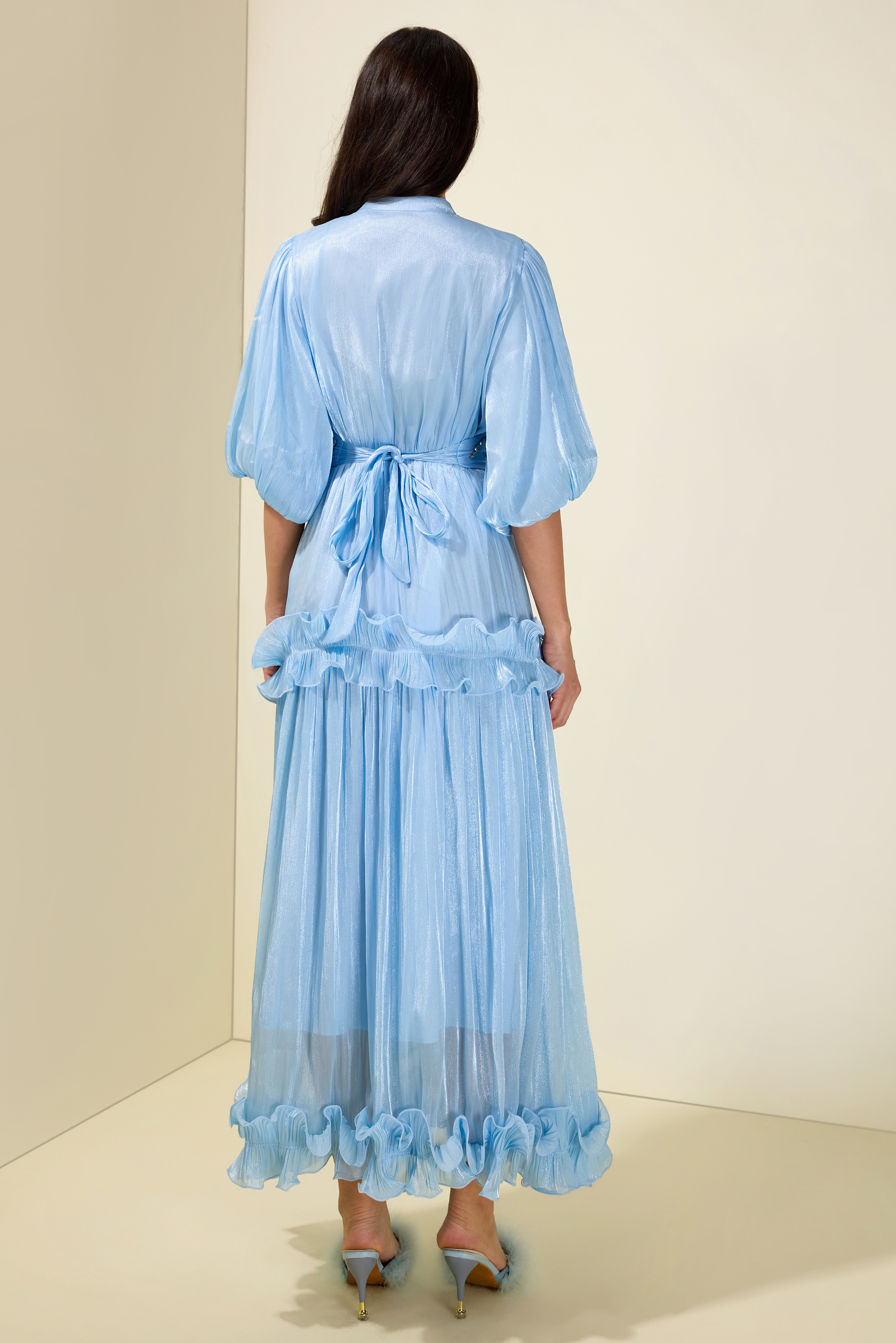Rhinestone Rivets  Frill Puff Sleeve Midi Dress